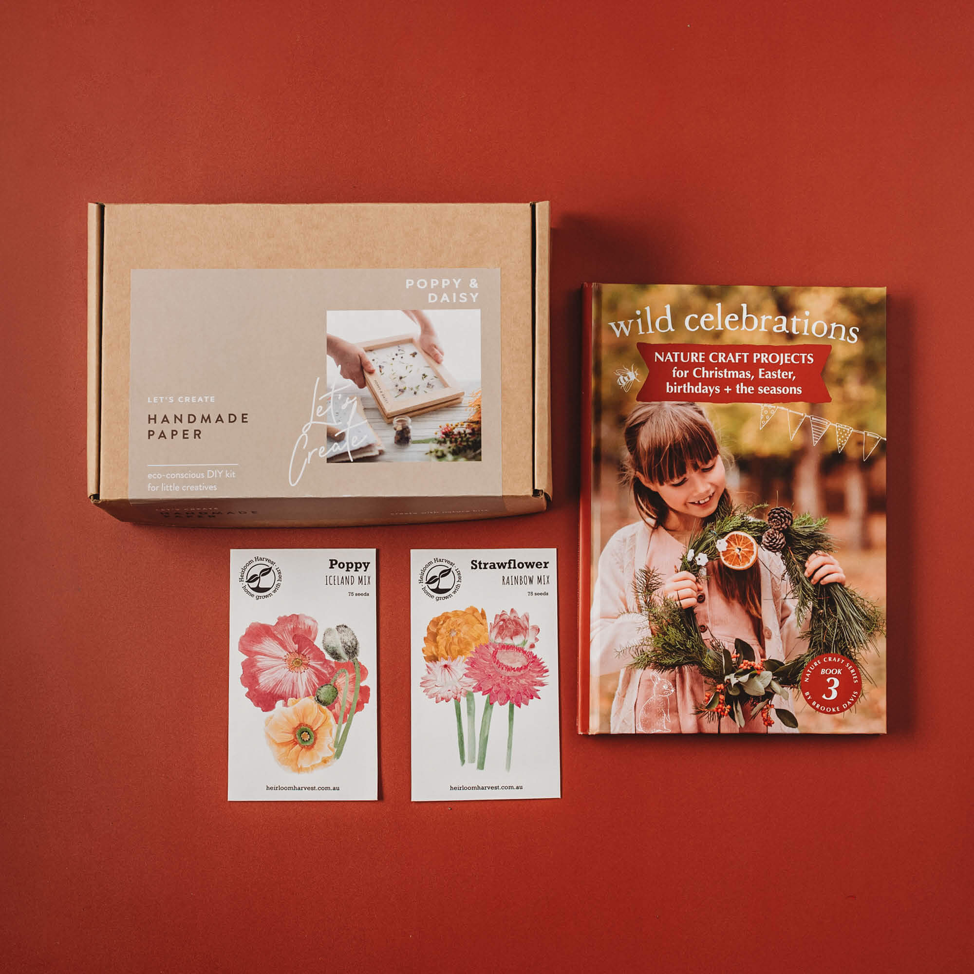Paper Making Bundle includes Wild Celebrations book, Paper Making kit from Poppy and Daisy and two packets of seeds from Heirloom Harvest. All products are made in Australia.