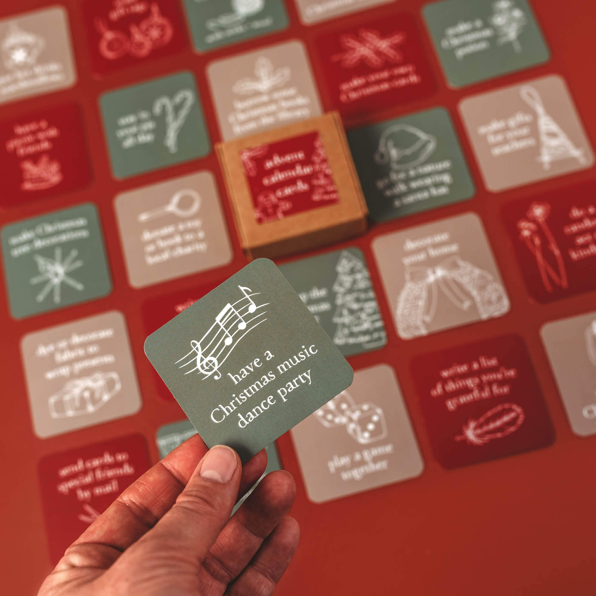 Advent Calendar Cards made in Australia by Your Wild Books to encourage creativity and family connection. This card says "have a Christmas music dance party&
