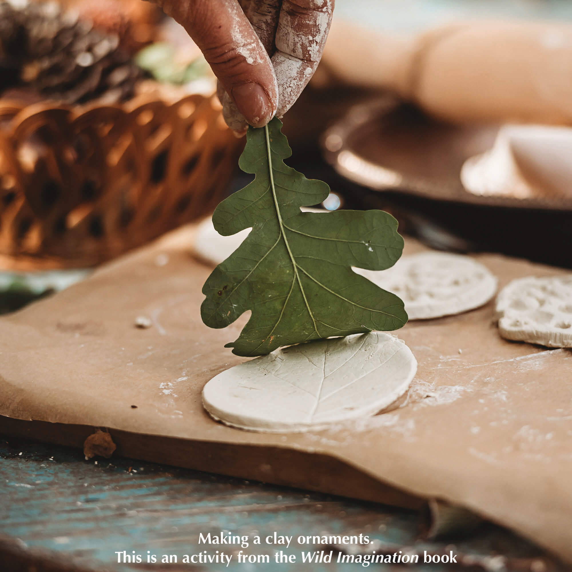 round clay ornament decorated with leaf imprint air dry clay for nature craft from Your Wild Books