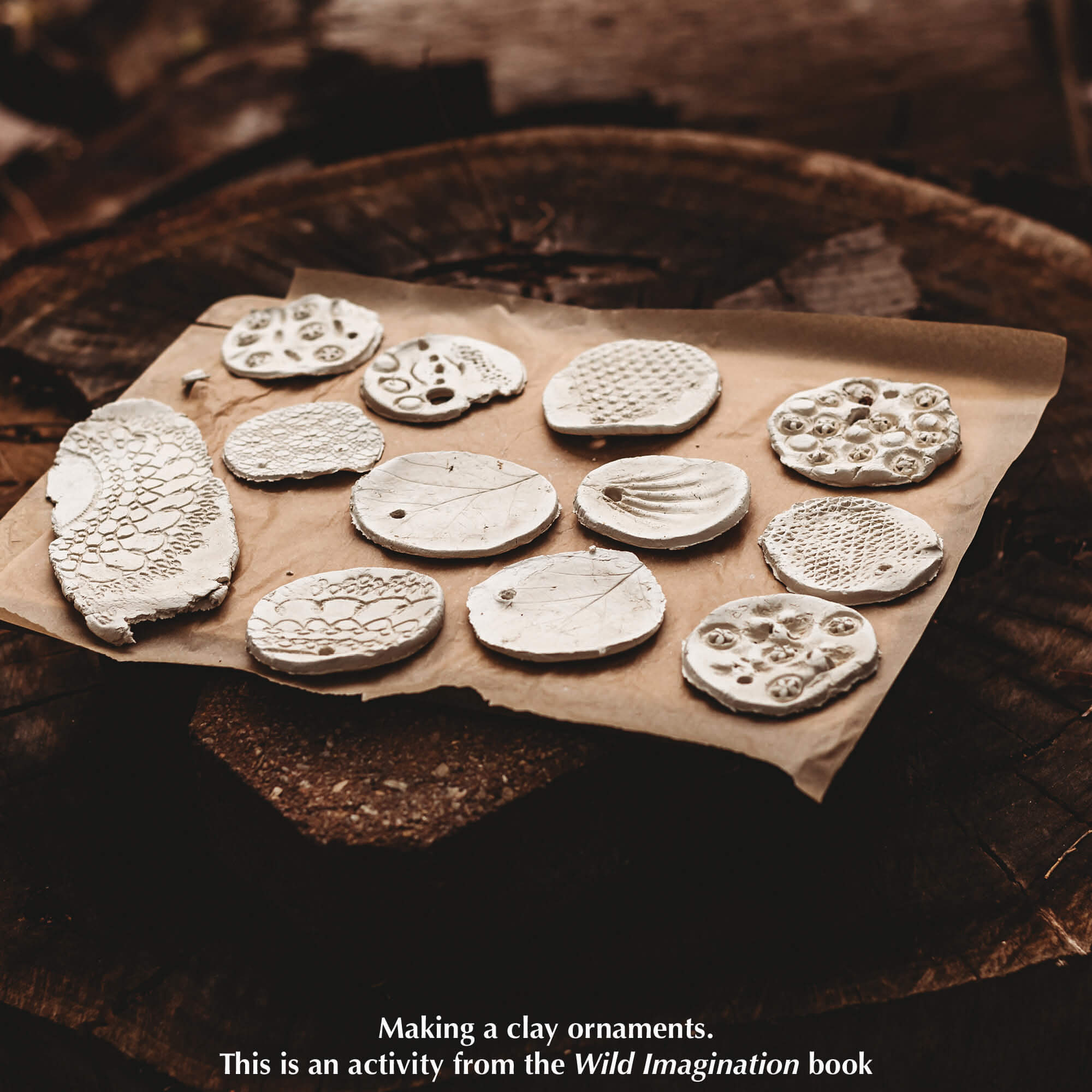 round clay ornament decorated with nature imprint air dry clay for nature craft from Your Wild Books