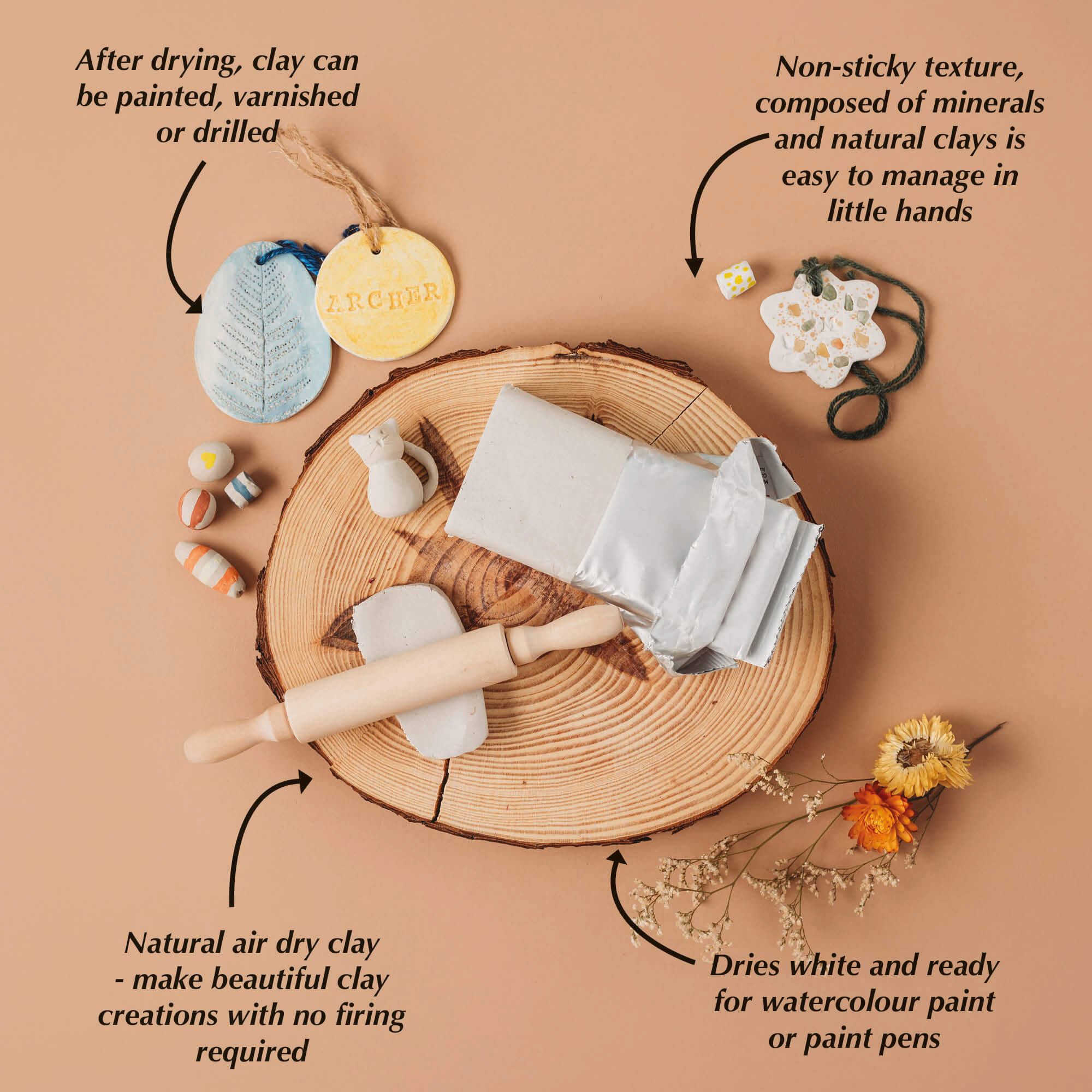 reasons why air dry clay is great non sticky texture easy to use dries without a kiln can be painted varnished or drilled after drying from Your Wild Books