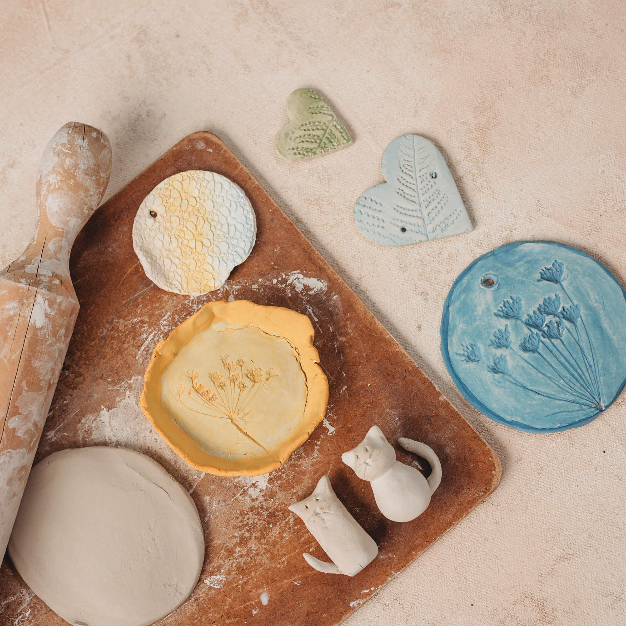 air dry clay white natural nature pressed into clay and coloured with watercolour cats from Your Wild Books