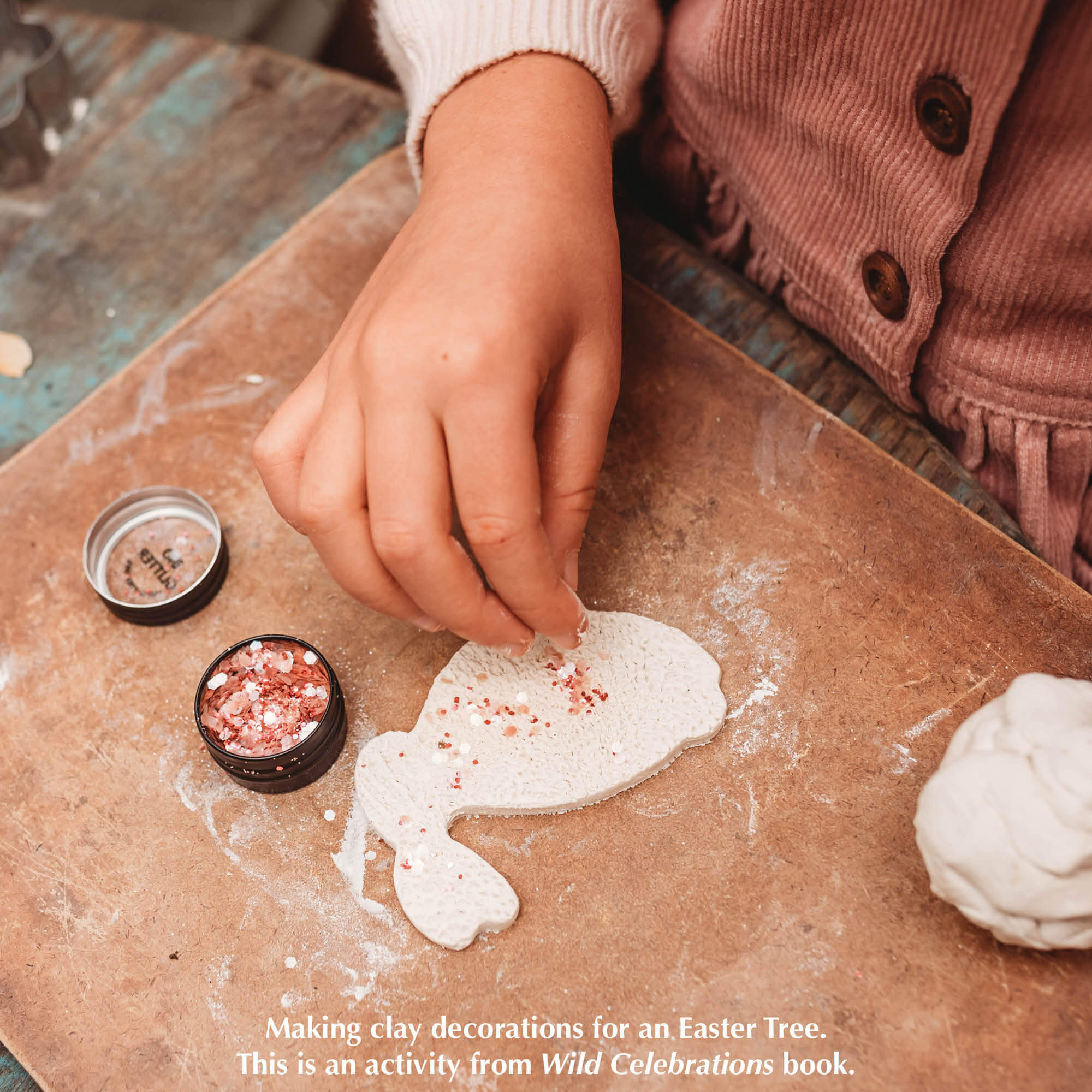 Clay decorations for Easter sprinkled with Eco glitter, made from plants, not plastic by The Glitter Tribe from Your Wild Books.