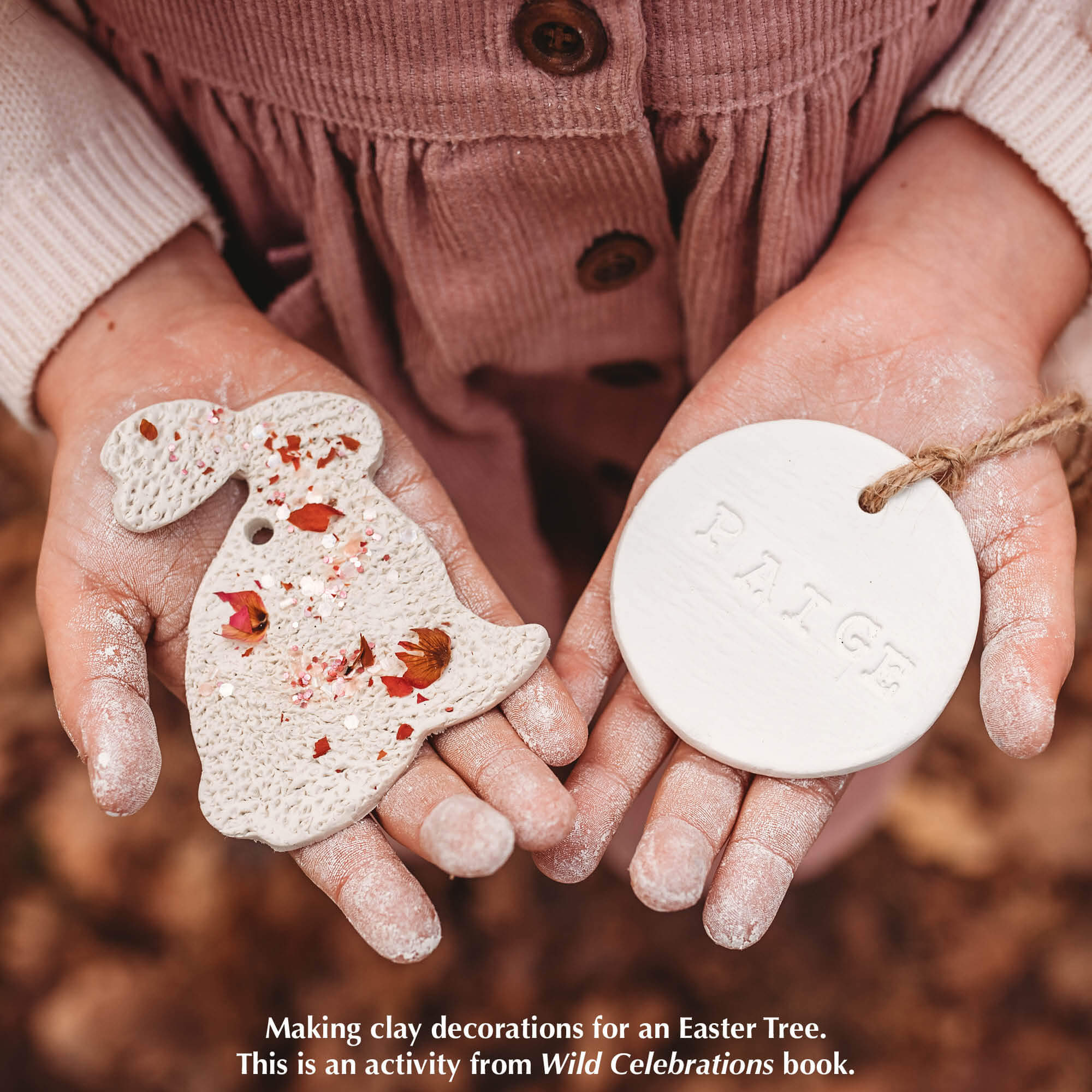 Clay decorations for Easter sprinkled wtih Eco glitter, made from plants, not plastic by The Glitter Tribe from Your Wild Books.