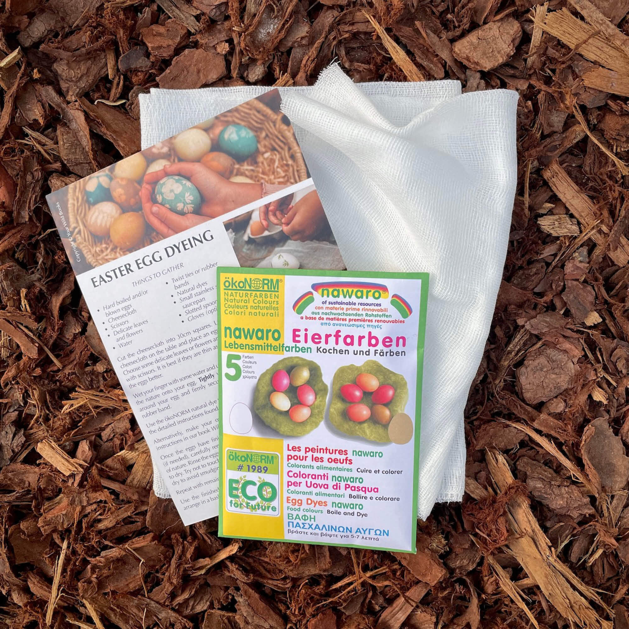 Natural egg dye kit includes Okonorm chemical free egg dye in 5 colours, large piece of food grade cheesecloth and instruction card for how to decorate and dye eggs and make an Easter Tree from Your Wild Books.