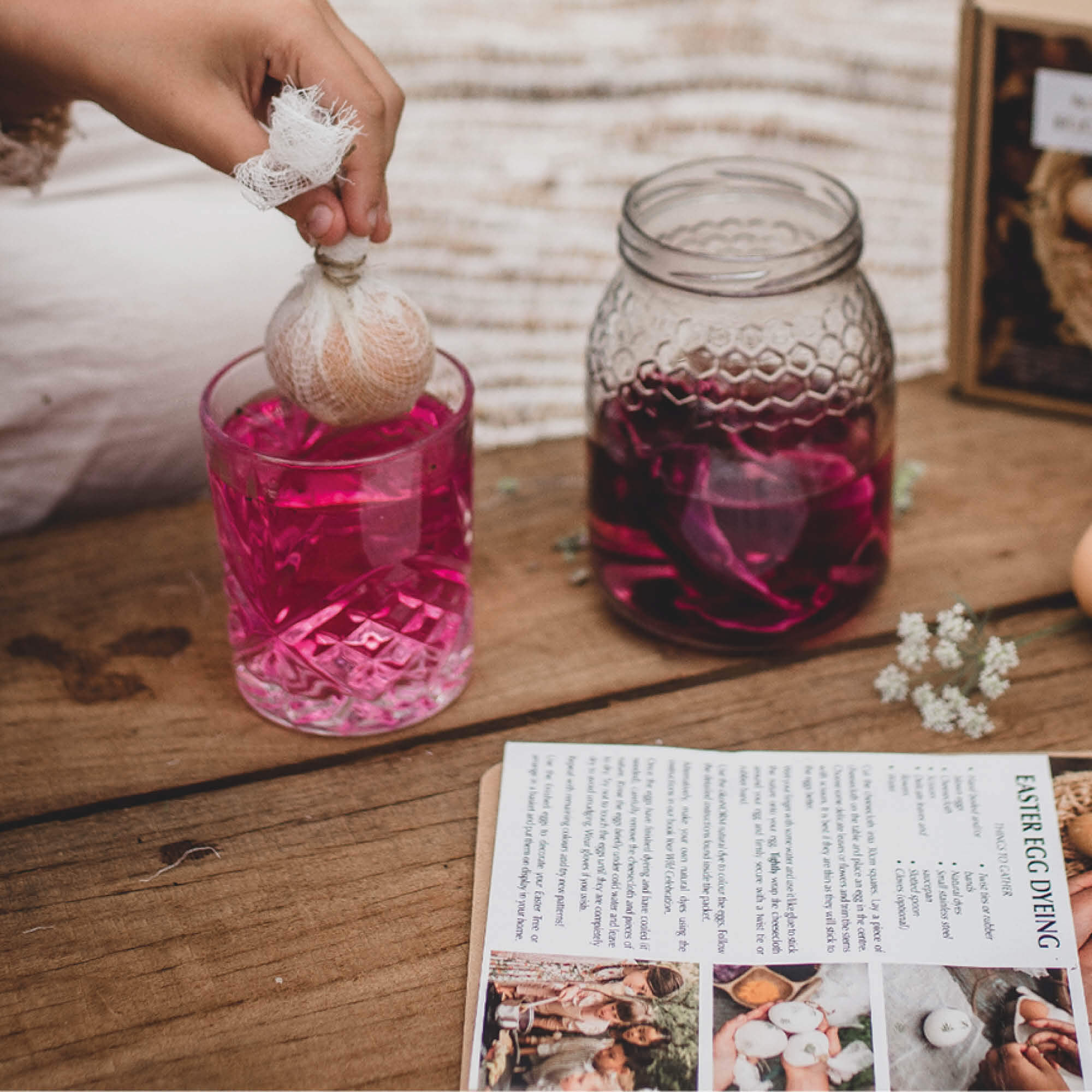 Natural egg dye kit includes Okonorm chemical free egg dye in 5 colours, large piece of food grade cheesecloth and instruction card for how to decorate and dye eggs and make an Easter Tree from Your Wild Books.
