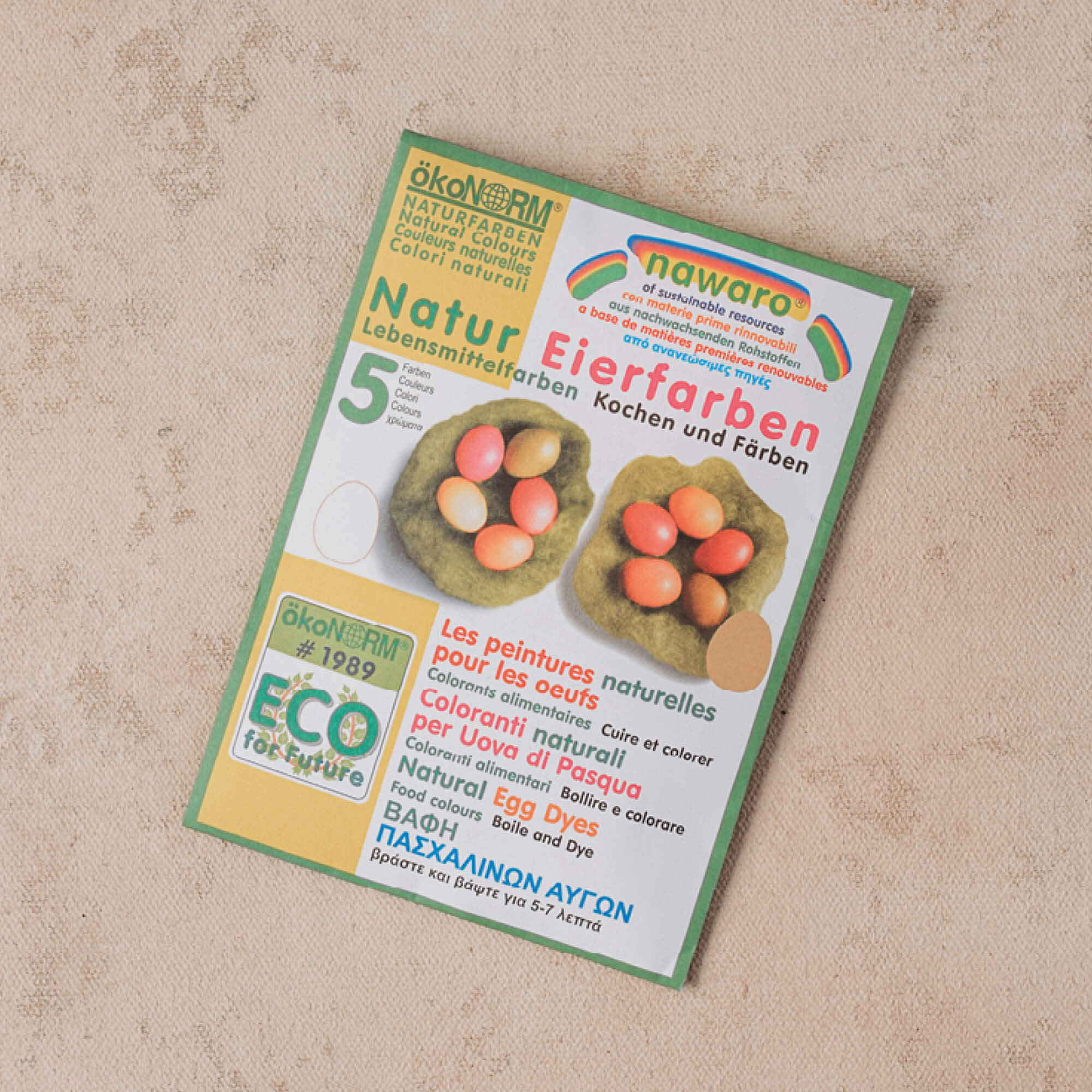 Natural egg dye kit includes Okonorm chemical free egg dye in 5 colours, large piece of food grade cheesecloth and instruction card for how to decorate and dye eggs and make an Easter Tree from Your Wild Books.