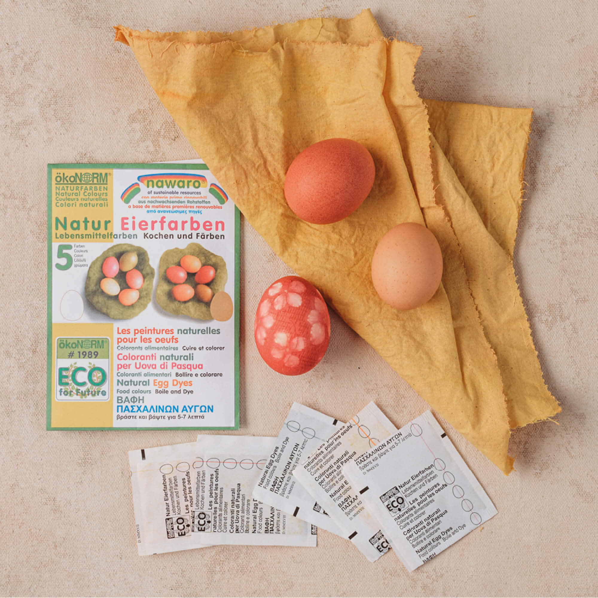 Natural egg dye kit includes Okonorm chemical free egg dye in 5 colours, large piece of food grade cheesecloth and instruction card for how to decorate and dye eggs and make an Easter Tree from Your Wild Books.