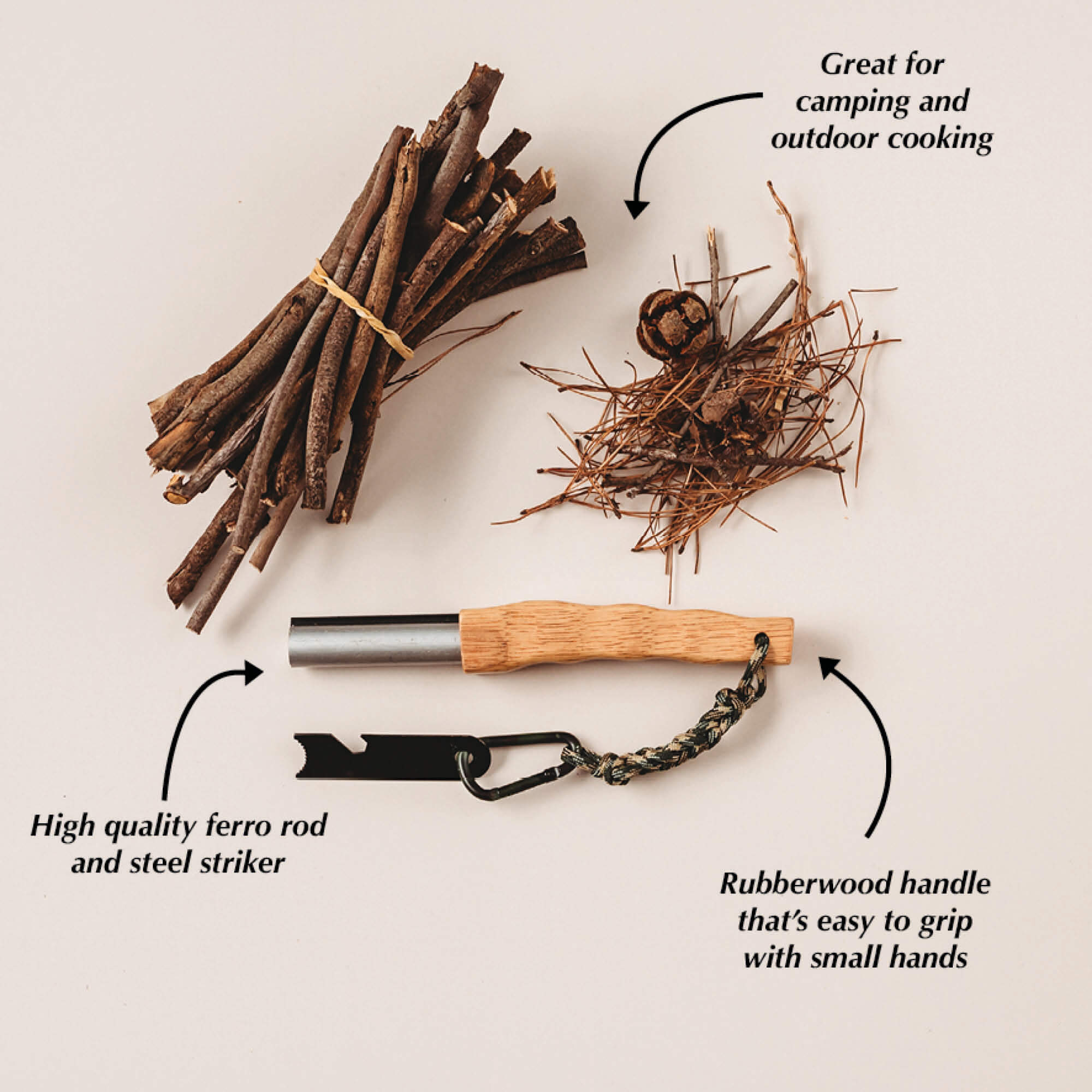 Flatlay of fire starter with wooden handle with kindling made by Your Wild Books