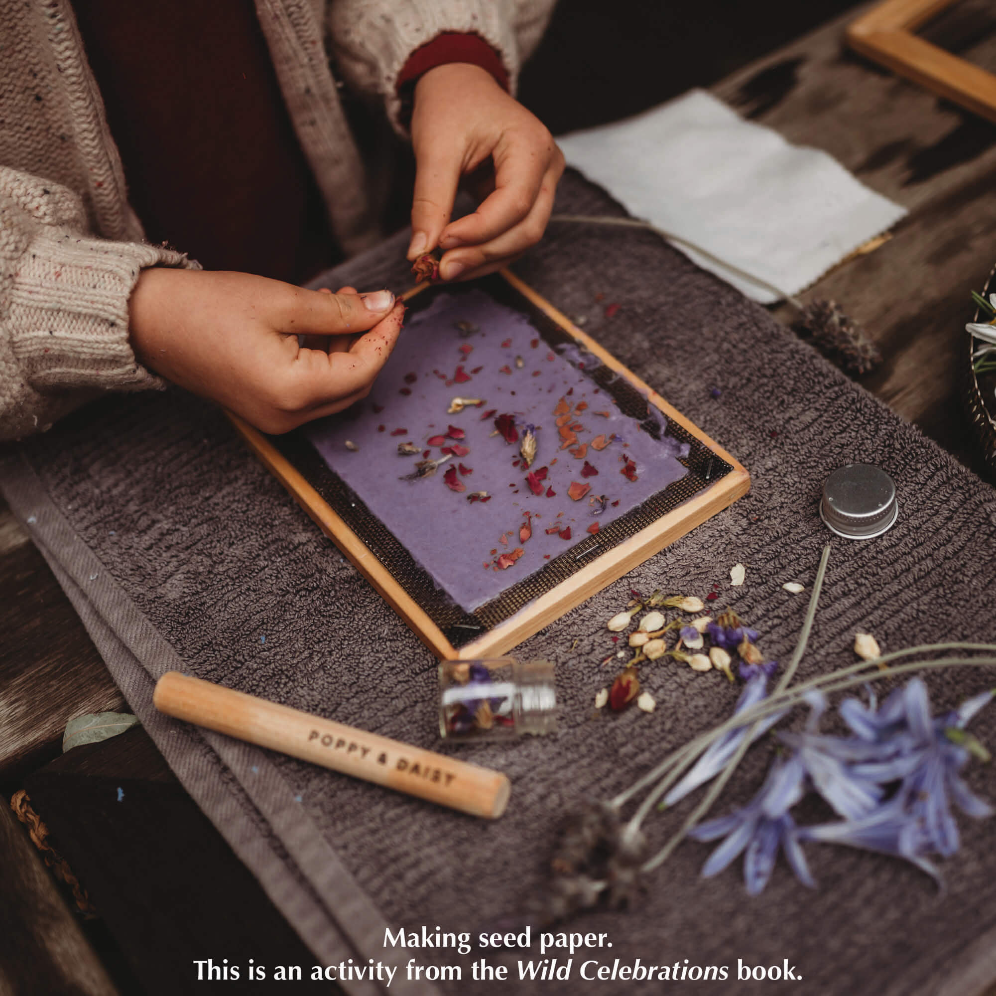 Making seed paper with Paper making kit. Make DIY paper at home. Plastic free kit made in Australia by Poppy and Daisy. From Your Wild Books