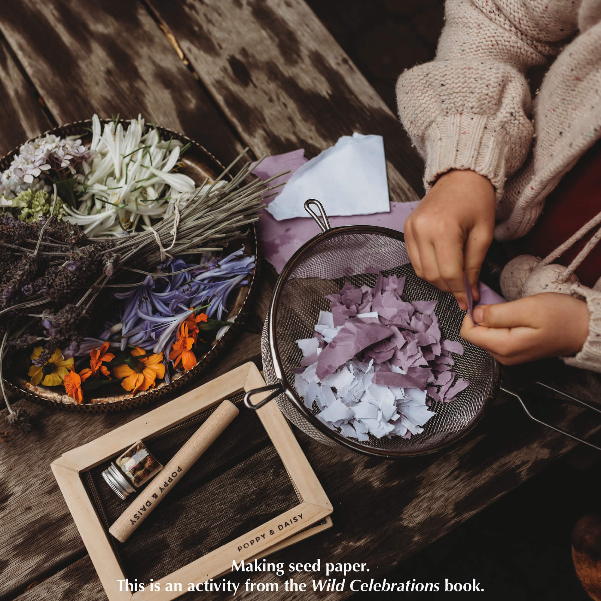 Making seed paper with Paper making kit. Make DIY paper at home. Plastic free kit made in Australia by Poppy and Daisy. From Your Wild Books