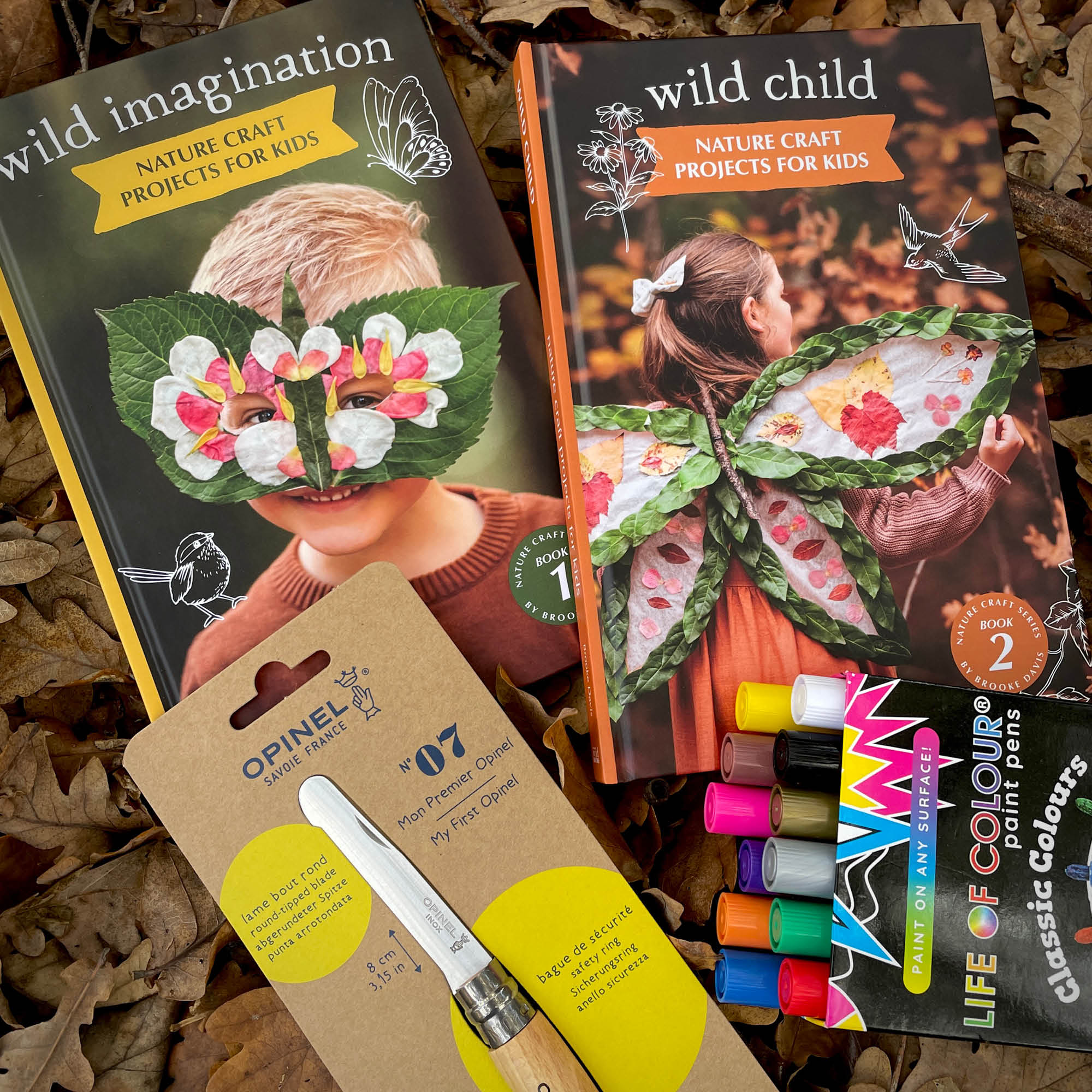 Nature Craft Starter Pack from Your Wild Books includes Wild Imagination book, Wild Child book, paint pens in classic colours and an opinel beginners whittling knife. Save 20%