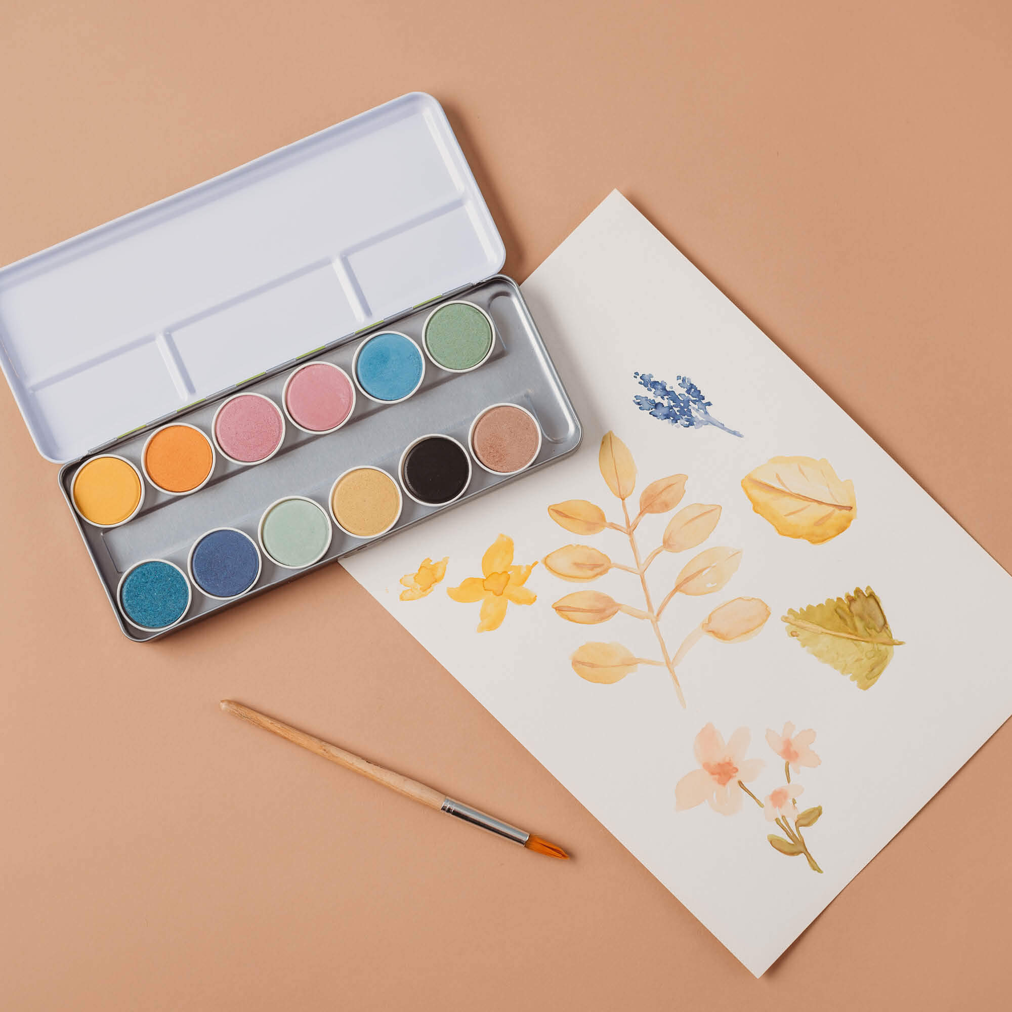 Leaves painted with all natural, chemical free, plastic free, watercolour paint from Okonorm brand from Your Wild Books