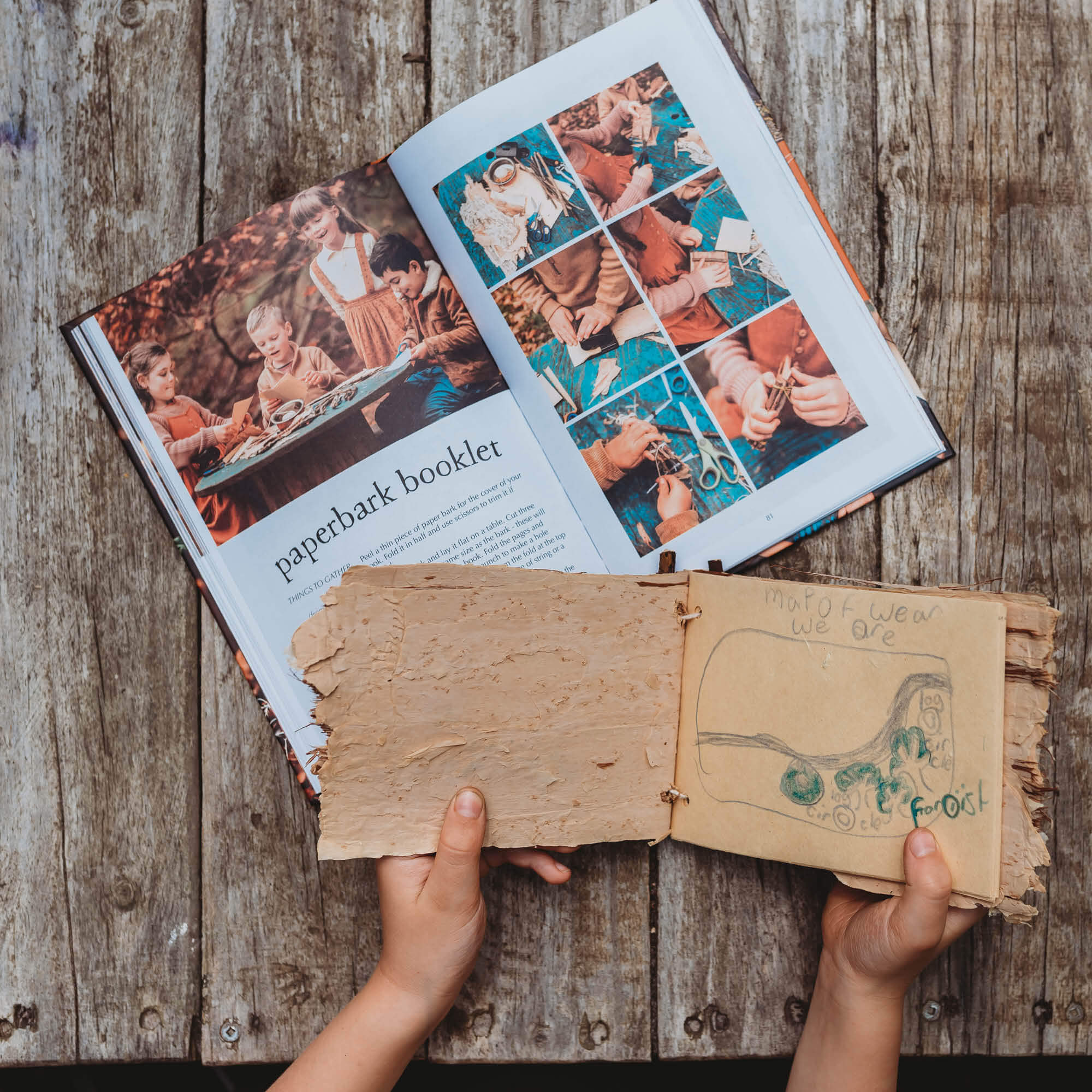 Child holding a paperbark booklet they made using step by step instructions from Wild Child, nature craft projects for kids book, made in Australia by Your Wild Books. 