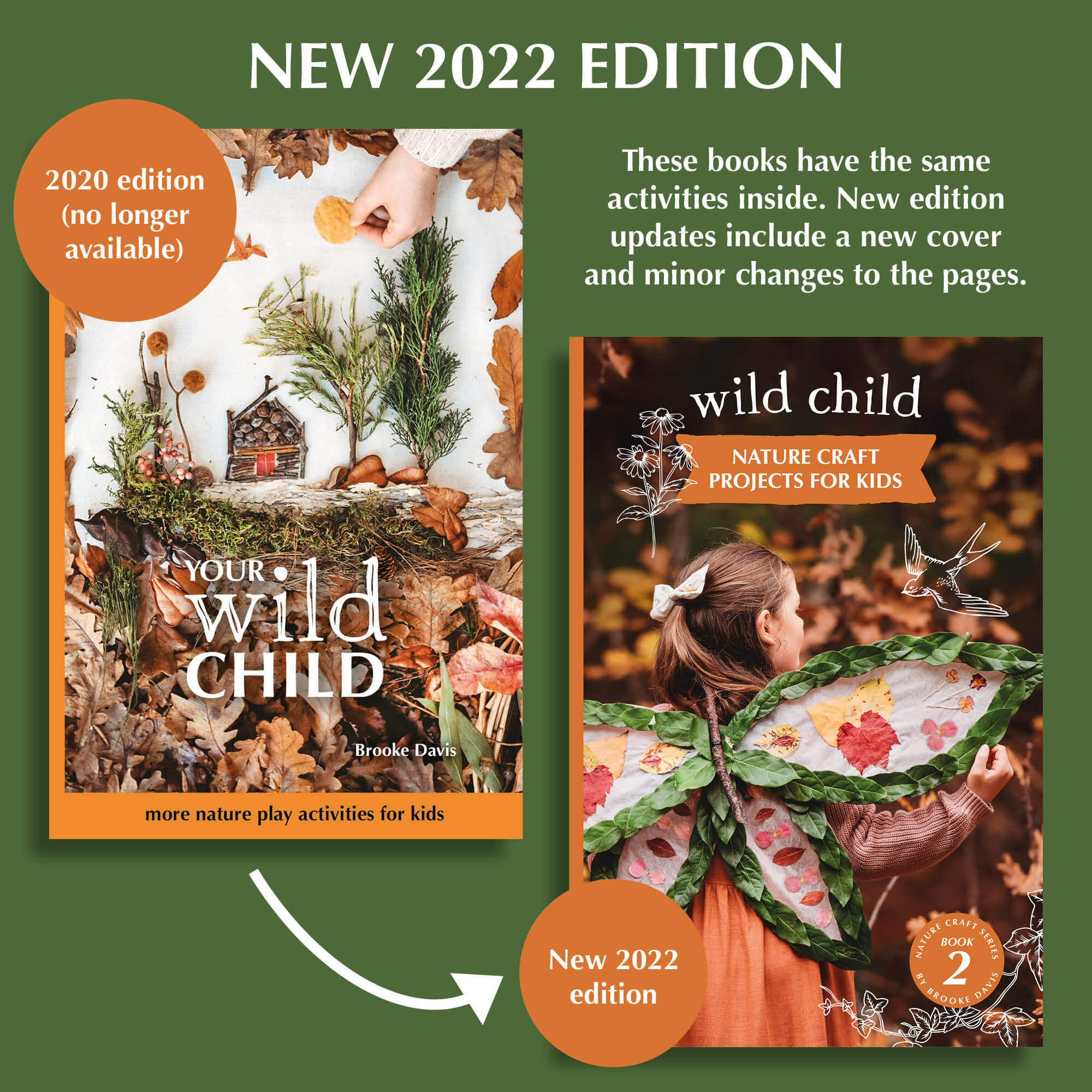 Two editions of Wild Child, nature craft projects for kids book, made in Australia by Your Wild Books. 