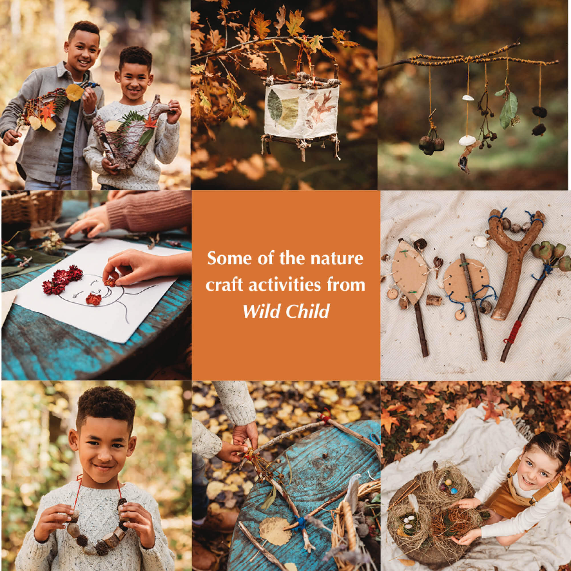Some of the nature craft activities from Wild Child, nature craft projects for kids book, made in Australia by Your Wild Books.