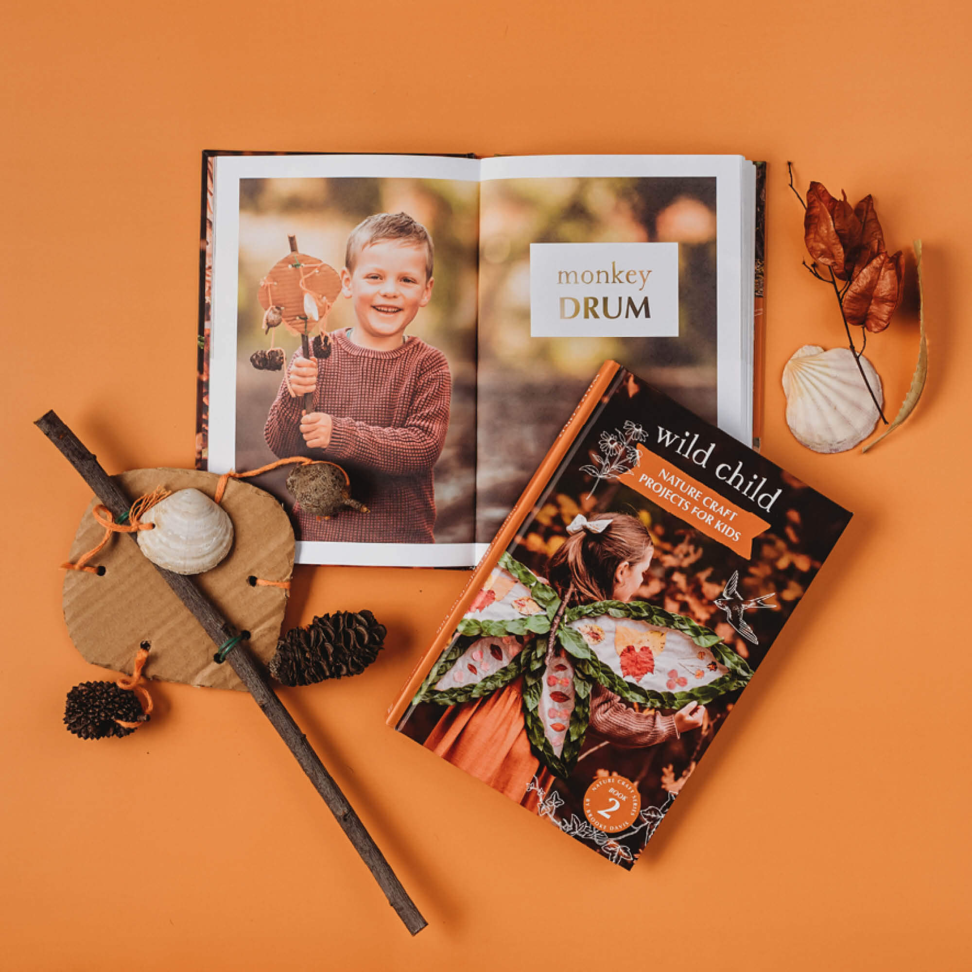 Pages showing a Monkey Drum made from nature from Wild Child, nature craft projects for kids book, made in Australia by Your Wild Books.
