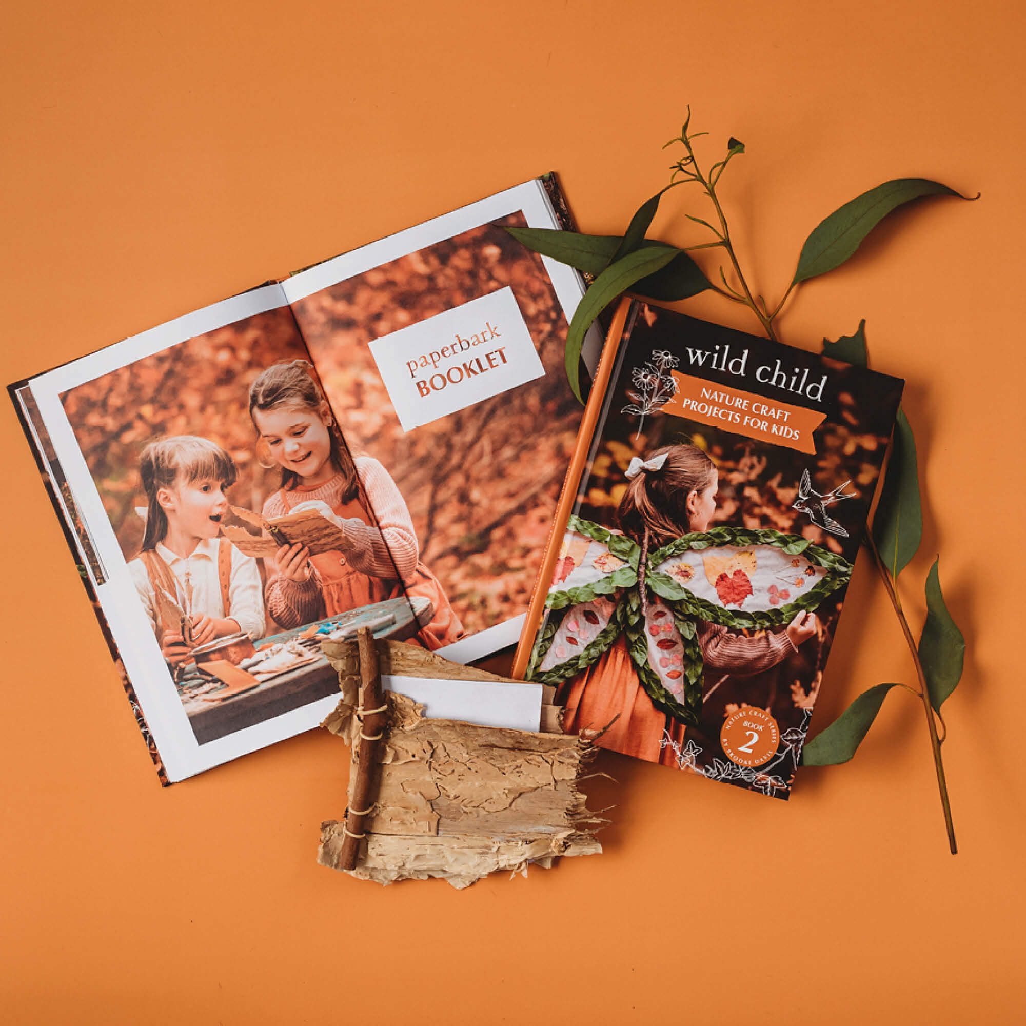 Pages showing a paperbark booklet from Wild Child, nature craft projects for kids book, made in Australia by Your Wild Books.