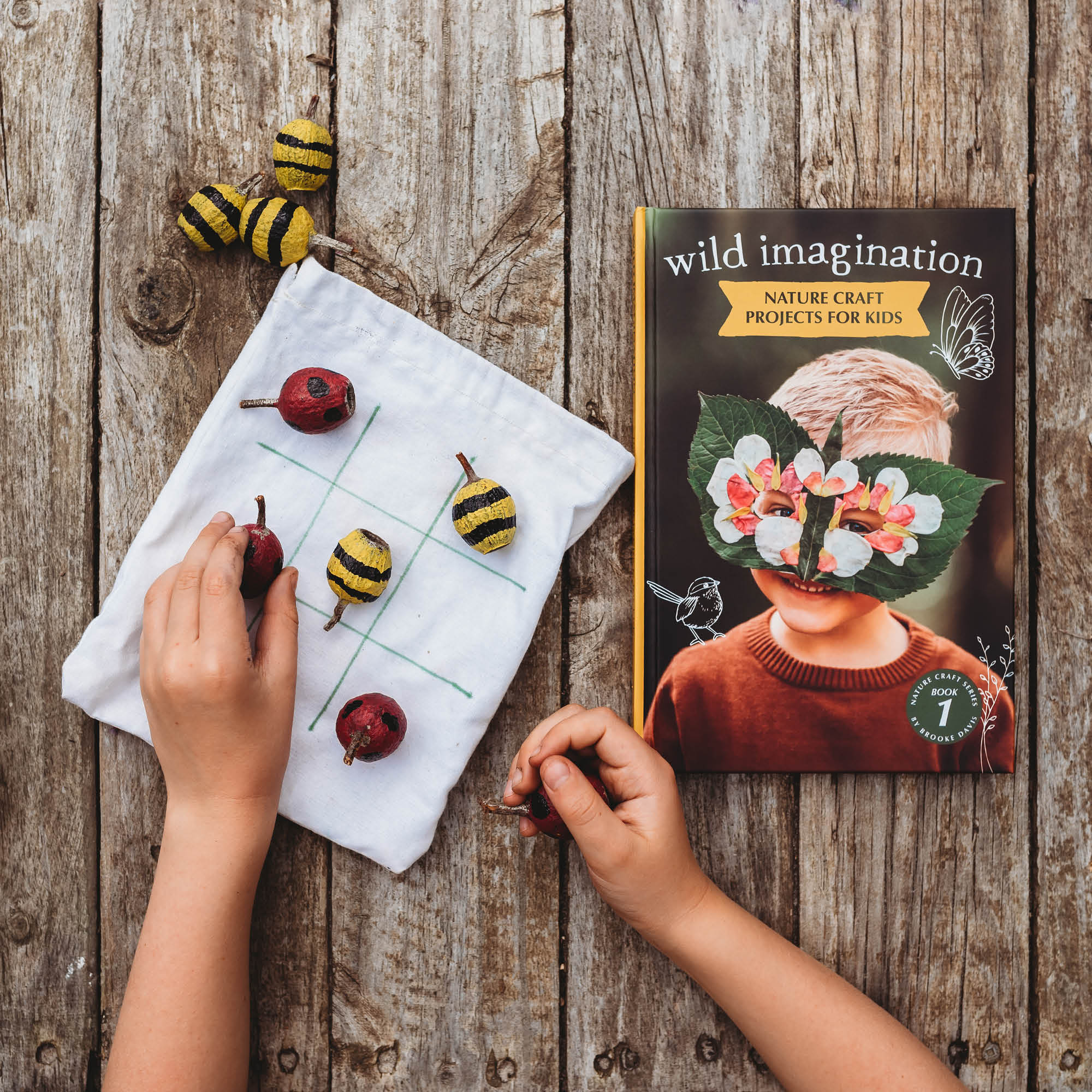 Tic tac toe activity using gum nuts painted as ladybirds and bees from Wild Imagination, nature craft projects for kids book, made in Australia by Your Wild Books.
