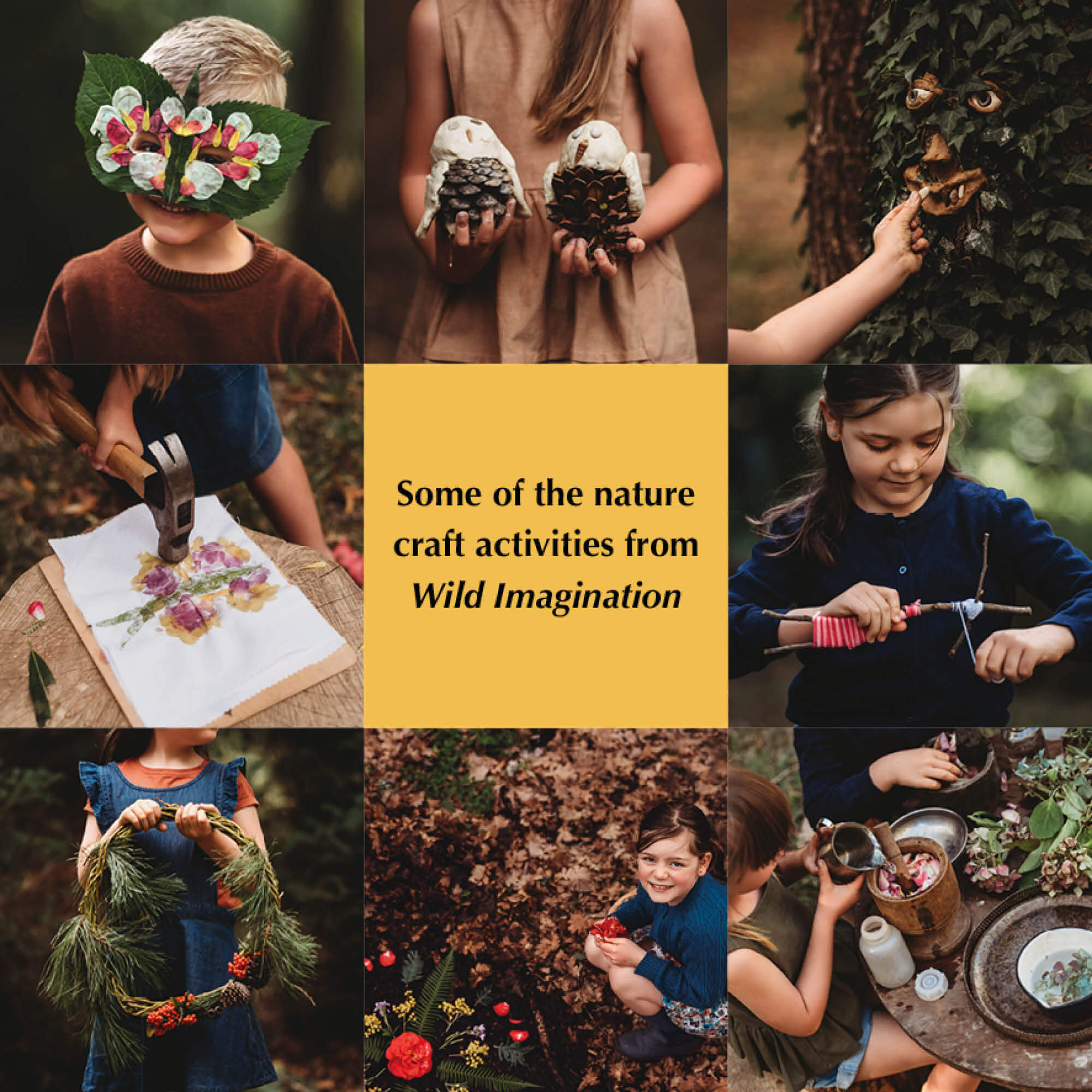 Some of the nature craft activities inside Wild Imagination, nature craft projects for kids book, made in Australia by Your Wild Books.