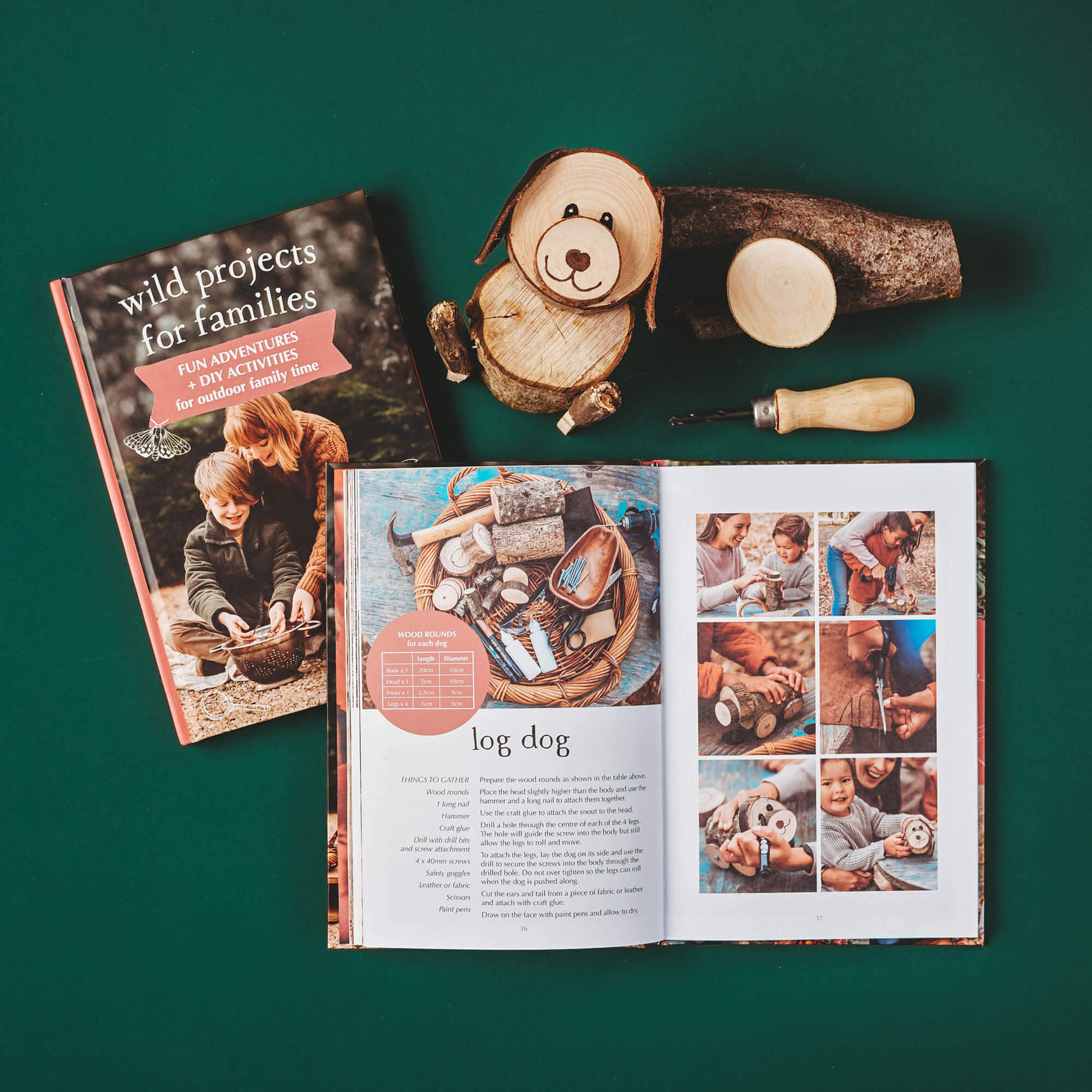 Pages showing how to make a log dog from sticks and nature from Wild Projects for Families book has fun adventures and DIY activities for family outdoor time, is made in Australia by Your Wild Books.