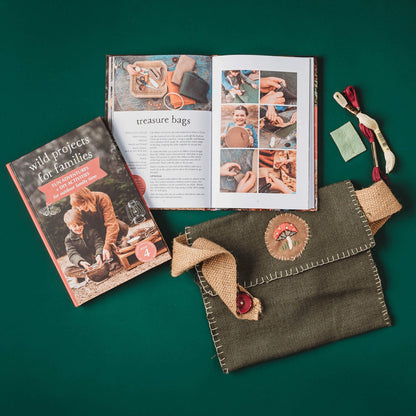 Pages showing how to make a treasure bag from Real Tools Bundle by Your Wild Books includes Wild Projects for Families book, whittling knife, hand drill and fire starter.