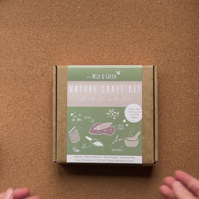 Nature craft kit by Little Wild and Green made with all natural materials including 4 bags of petals, 2 paint powders, 1 eco glitter, a box of crystal chips and a wooden spoon. perfect for nature crafting for kids including playdough, clay and magic potions from Your Wild Books