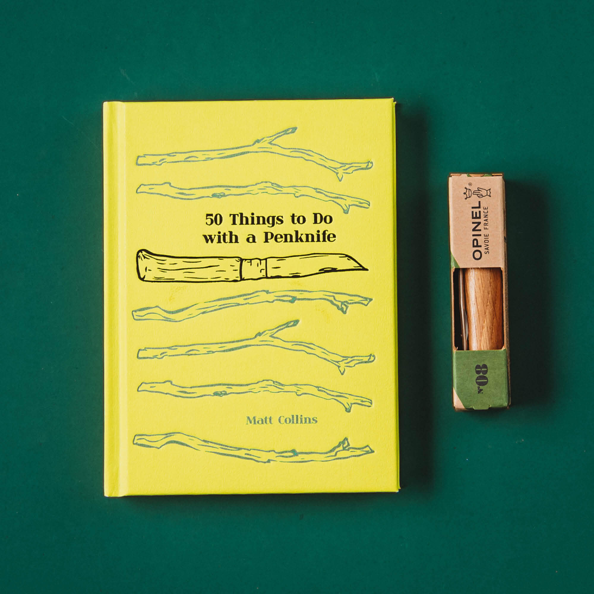 50 Things to do with a Penknife book by Matt Collins with advanced No08 wood whittling knife by Opinel, sold by Your Wild Books in a bundle for 13% off