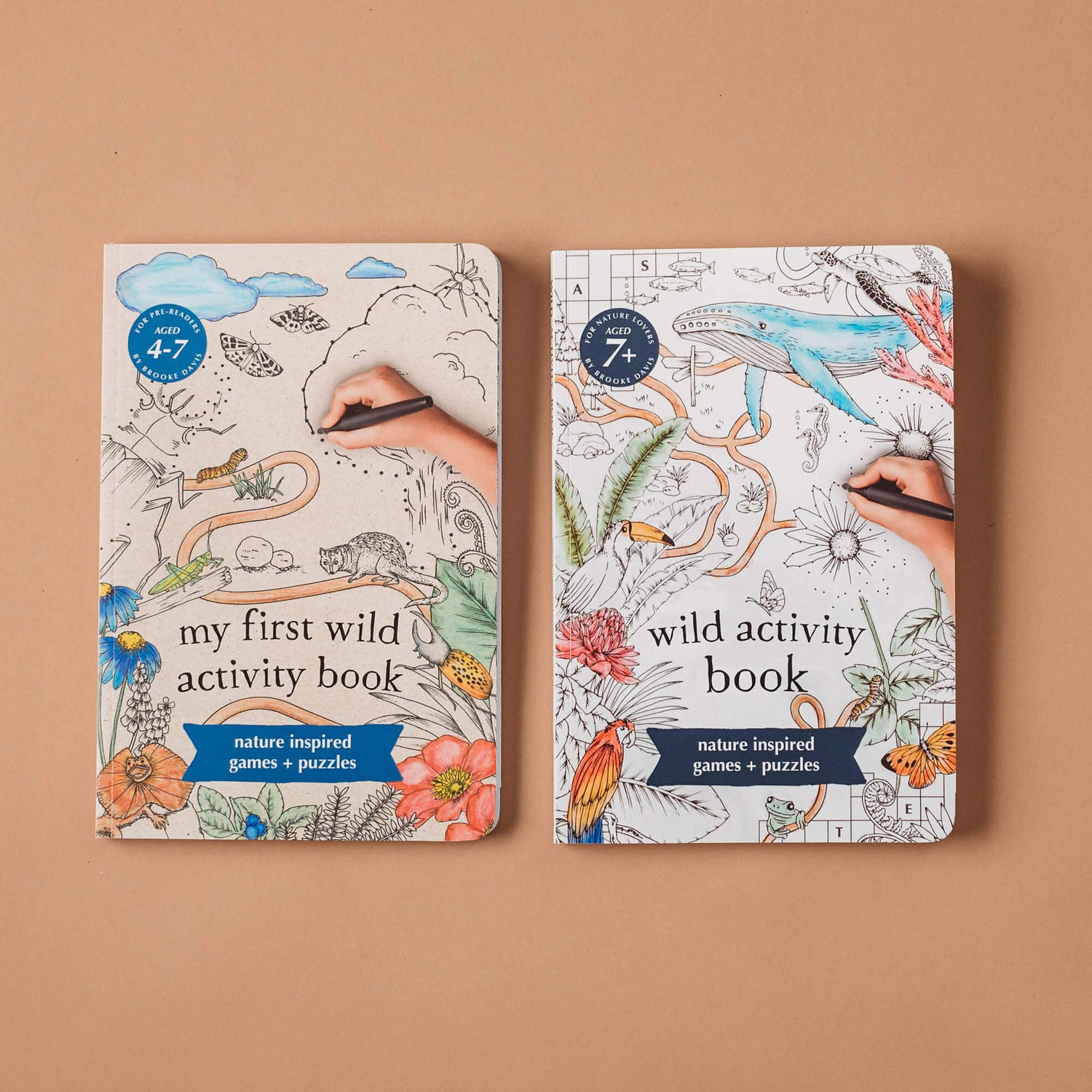 Activity book set for kids, one book is titled My First Wild Activity Book for kids 4-7 years who are learning to read and the other is titled Wild Activity Book and is for kids aged 7+. Both books include nature insprired games and puzzles and are made in Australia.