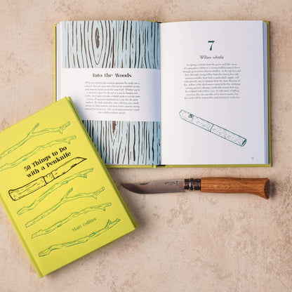 Open pages of book showing how to whittle a wood whistle using 50 Things to do with a Penknife book by Matt Collins with advanced No08 wood whittling knife by Opinel, sold by Your Wild Books in a bundle for 13% off