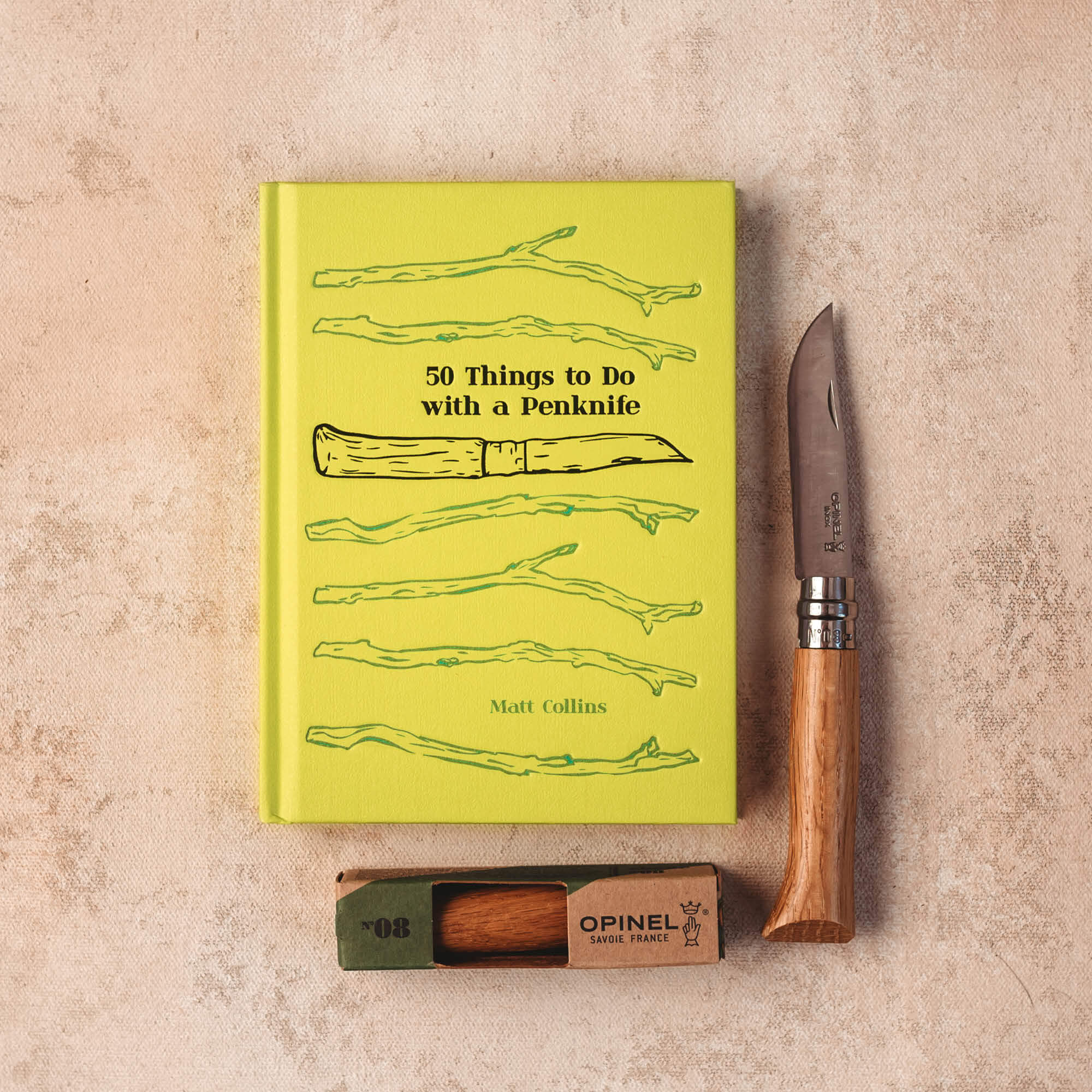 50 Things to do with a Penknife book by Matt Collins with advanced No08 wood whittling knife by Opinel, sold by Your Wild Books in a bundle for 13% off