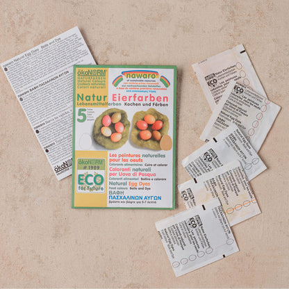 Natural egg dye kit includes Okonorm chemical free egg dye in 5 colours, large piece of food grade cheesecloth and instruction card for how to decorate and dye eggs and make an Easter Tree from Your Wild Books.