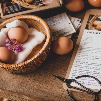 Natural egg dye kit includes Okonorm chemical free egg dye in 5 colours, large piece of food grade cheesecloth and instruction card for how to decorate and dye eggs and make an Easter Tree from Your Wild Books.