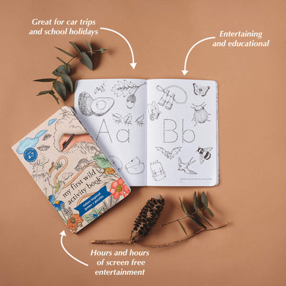 Pages showing a letter tracing and colouring activity from the book, My First Wild Activity Book for kids 4-7 years who are learning to read, featuring nature inspired games and puzzles.