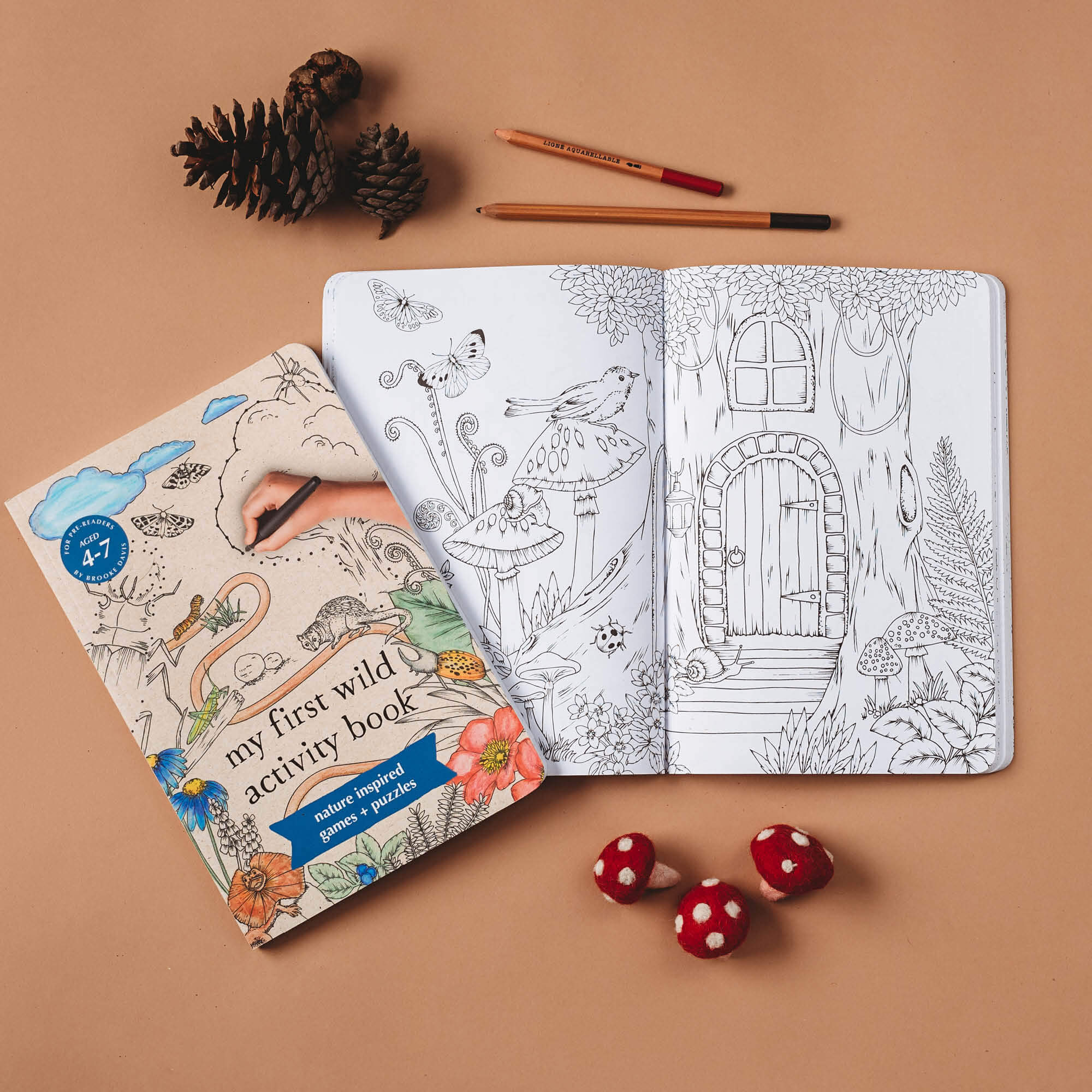 Pages showing a fairy door colouring in from the book, My First Wild Activity Book for kids 4-7 years who are learning to read, featuring nature inspired games and puzzles.