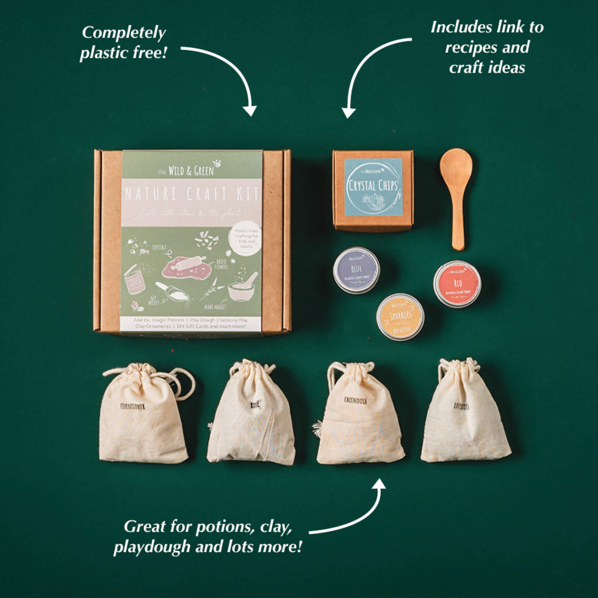 Nature craft kit by Little Wild and Green made with all natural materials including 4 bags of petals, 2 paint powders, 1 eco glitter, a box of crystal chips and a wooden spoon. perfect for nature crafting for kids including playdough, clay and magic potions from Your Wild Books