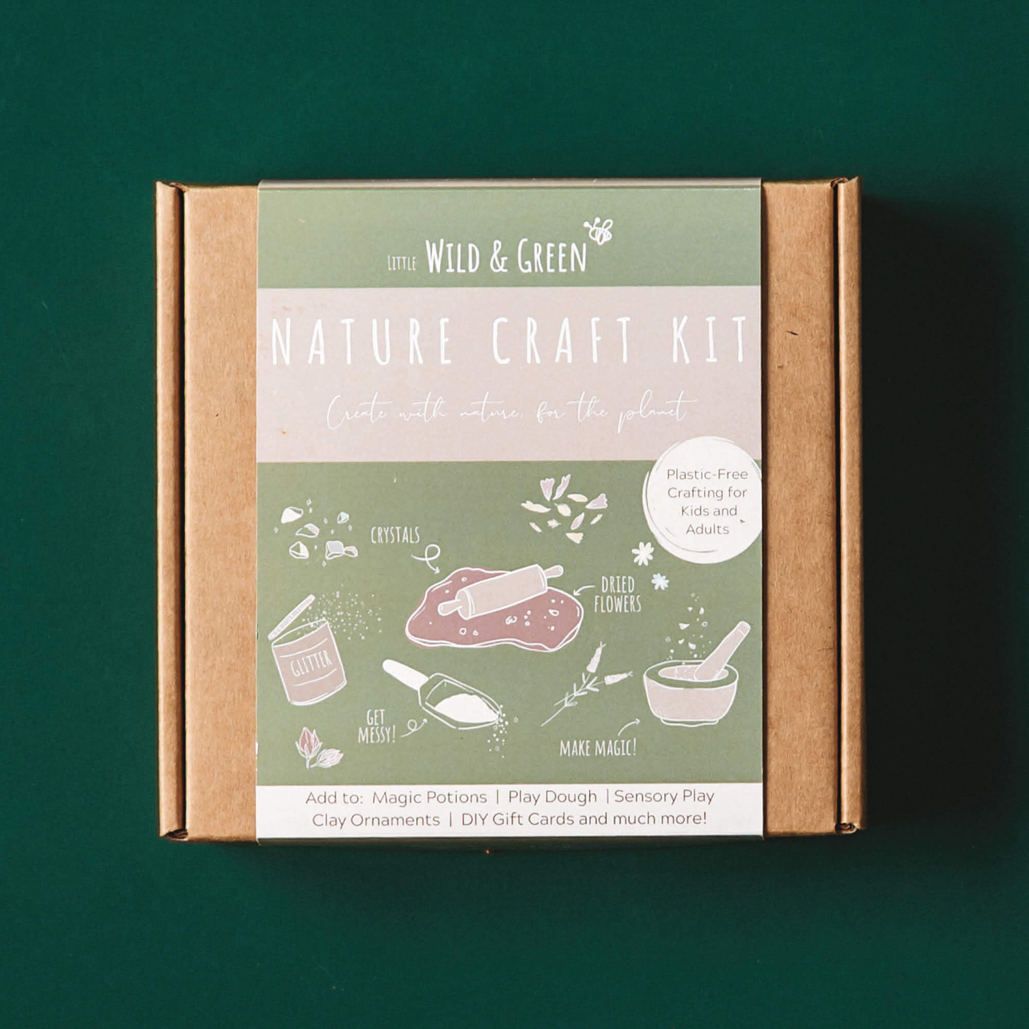 Plastic free Nature craft kit by Little Wild and Green made with all natural materials including 4 bags of petals, 2 paint powders, 1 eco glitter, a box of crystal chips and a wooden spoon. perfect for nature crafting for kids including playdough, clay and magic potions from Your Wild Books