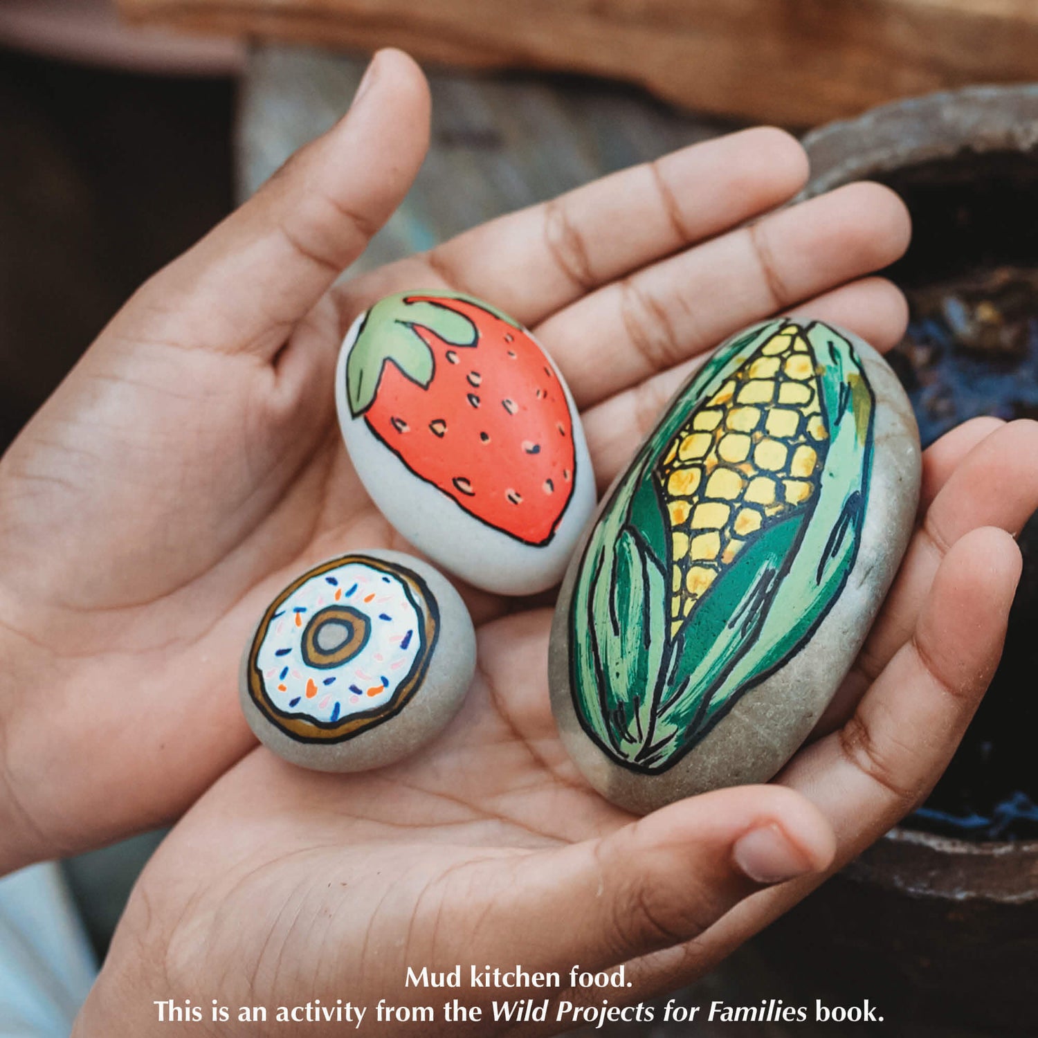 Rocks that have been decorated as food for a mud kitchen,  a nature craft activity from Your Wild Books that have been decorated with paint pens from Life of Colour