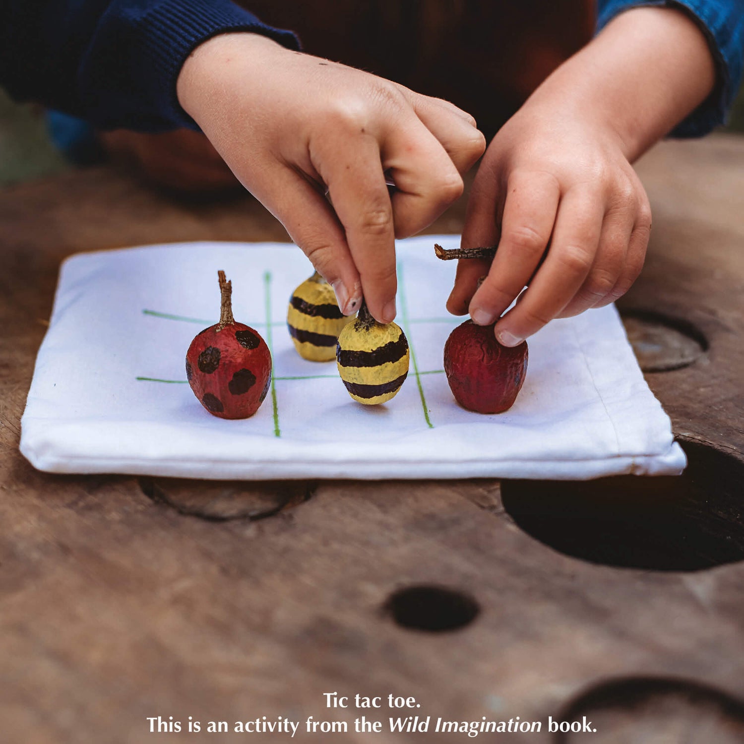 Children playing tic tac toe with gumnuts painted in ladybird and bee theme from nature craft activity from Your Wild Books that have been decorated with paint pens from Life of Colour