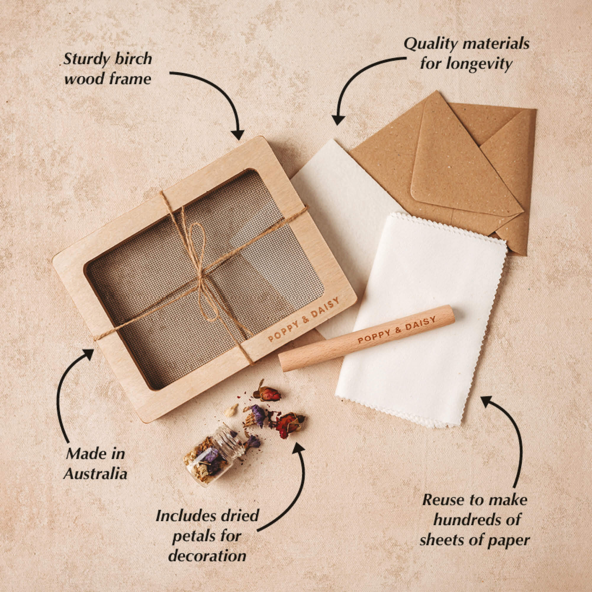 Paper making kit. Make DIY paper at home. Plastic free kit made in Australia by Poppy and Daisy.  From Your Wild Books