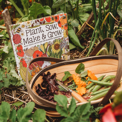 Garden basket with Plant, Sow, Make and Grow kids gardening book by Esther Coombs from Your Wild Books.