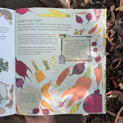 Pages about harvesting root crops in Plant, Sow, Make and Grow kids gardening book by Esther Coombs from Your Wild Books.
