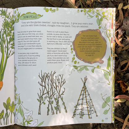 Pages about how to sow peas inside Plant, Sow, Make and Grow kids gardening book by Esther Coombs from Your Wild Books.