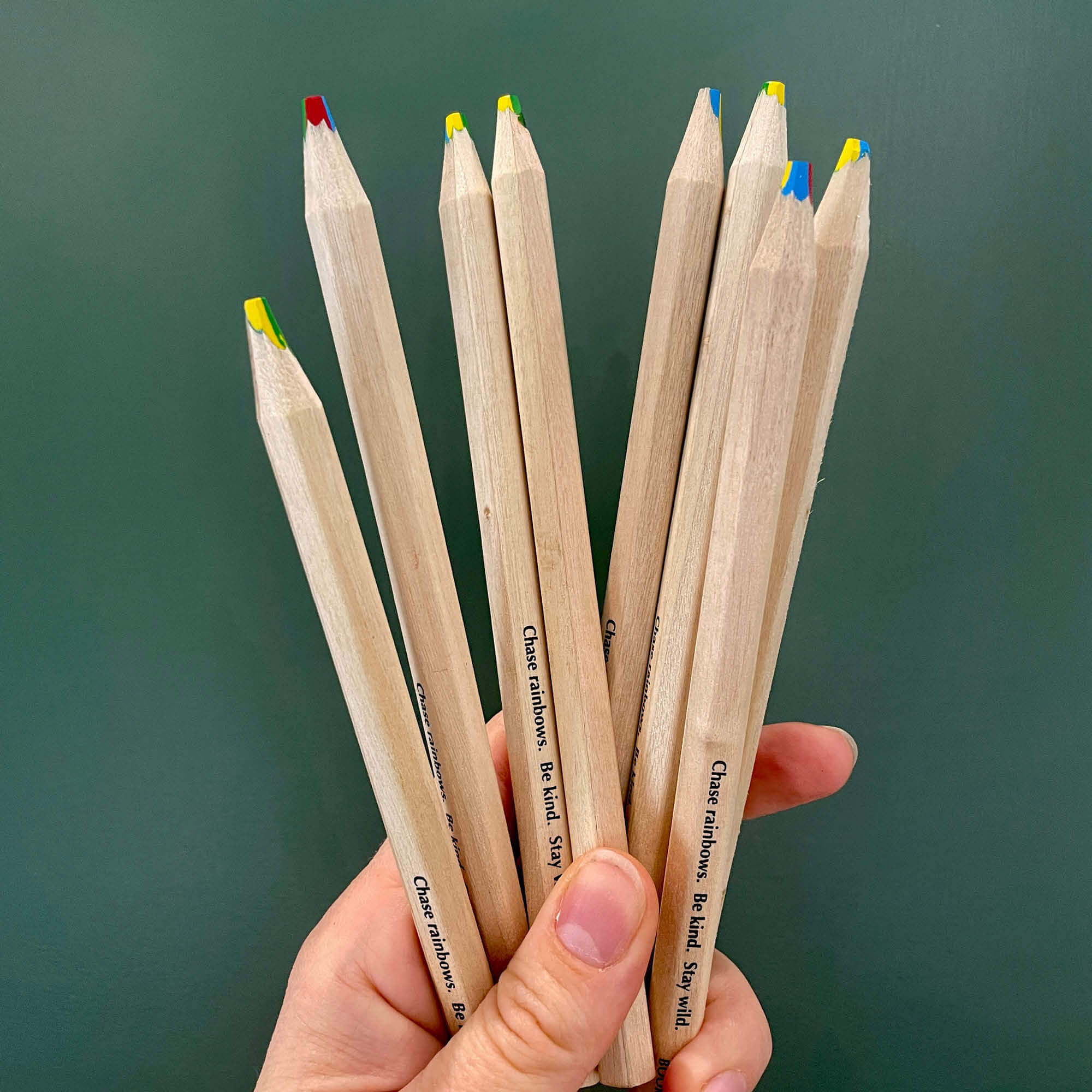 4 colour rainbow pencil with thick FSC certified timber casing for easy grip. Engraved with quote - Chase rainbows. Be kind. Stay wild. And the Your Wild Books logo.