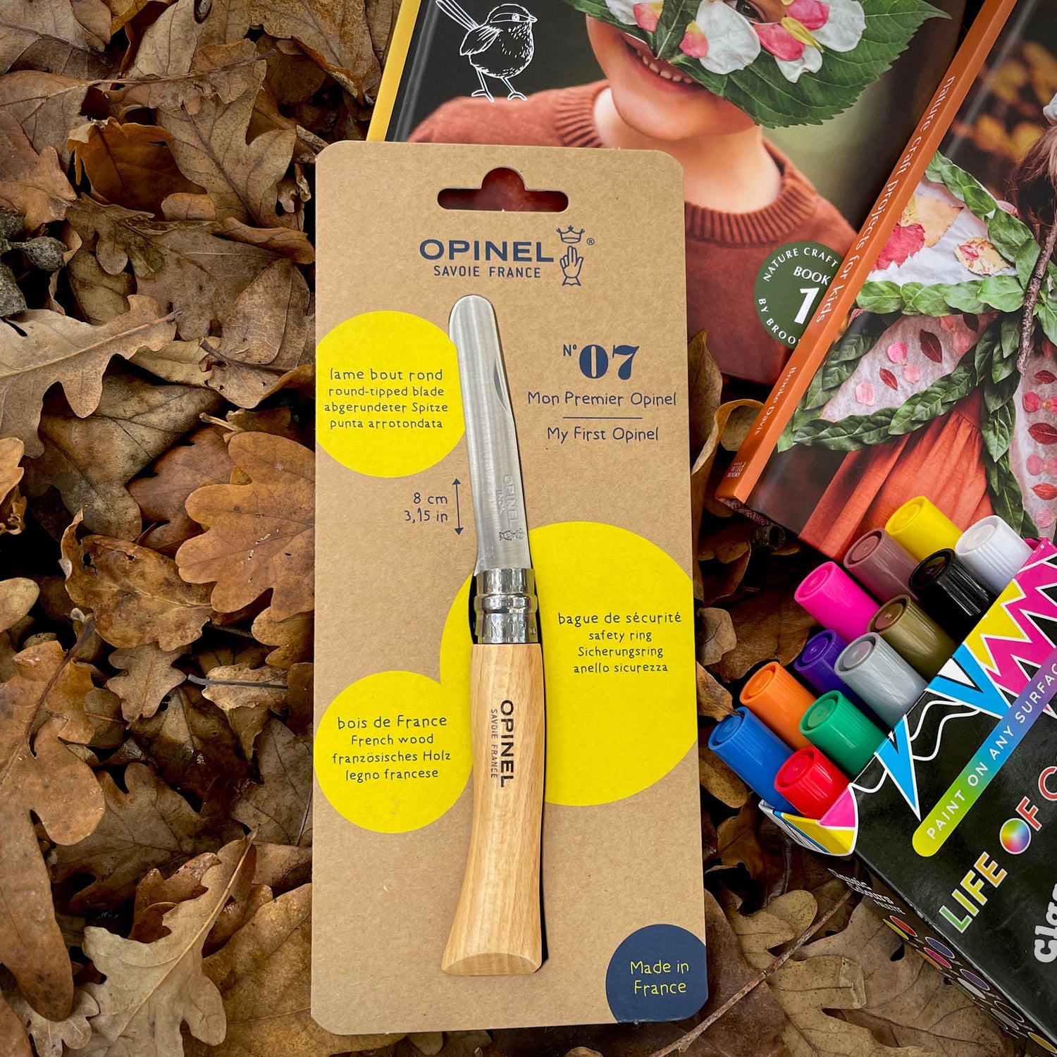 Nature Craft Starter Pack from Your Wild Books includes Wild Imagination book, Wild Child book, paint pens in classic colours and an opinel beginners whittling knife. Save 20%