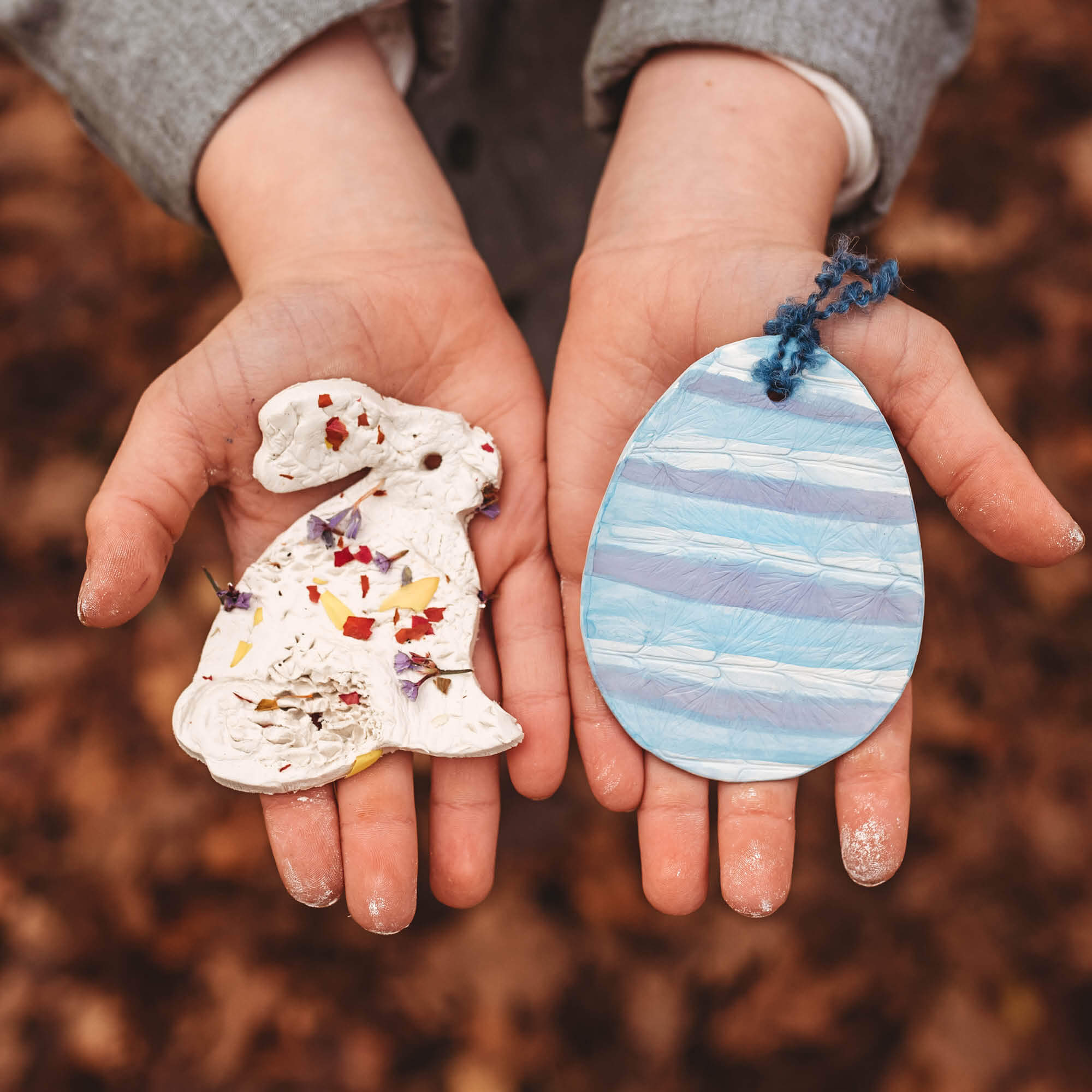 Air dry clay nature craft Easter decorations painted with all natural, chemical free, plastic free, watercolour paint from Okonorm brand from Your Wild Books