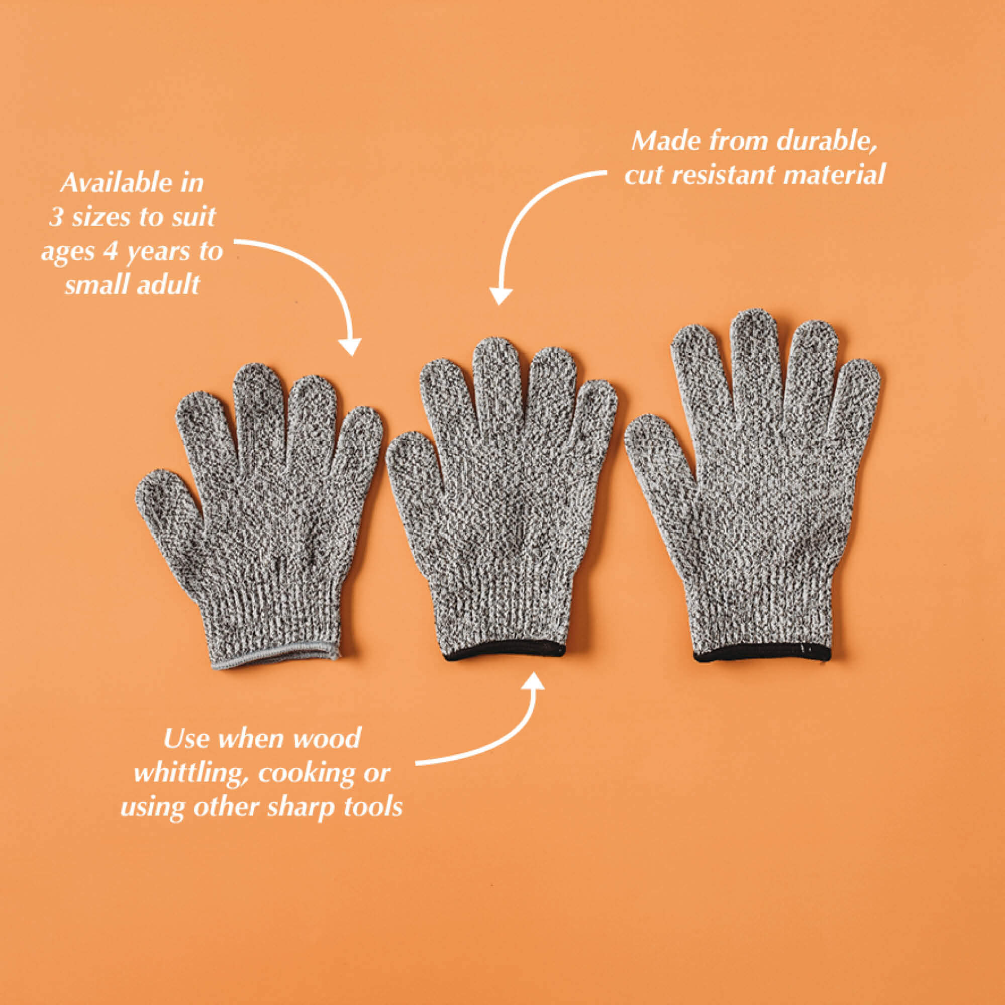 Cut resistant gloves for kids when doing wood whittling and using other tools for nature craft, from Your Wild Books. Level 5 HPPE protection.