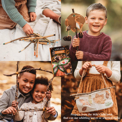 Whittling projects from Wild Child book. Wood whittling knives for kids for all your nature craft projects, suitable for beginners and advanced woodworkers. Made by Opinel from Your Wild Books.