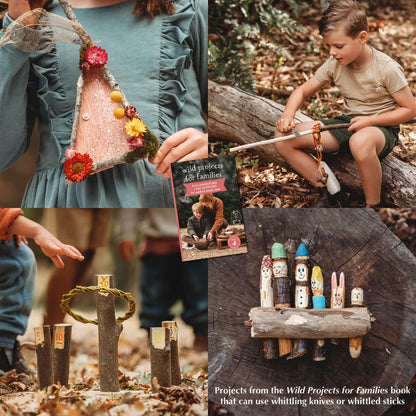 Whittling projects from Wild Projects for Families book. Wood whittling knives for kids for all your nature craft projects, suitable for beginners and advanced woodworkers. Made by Opinel from Your Wild Books.