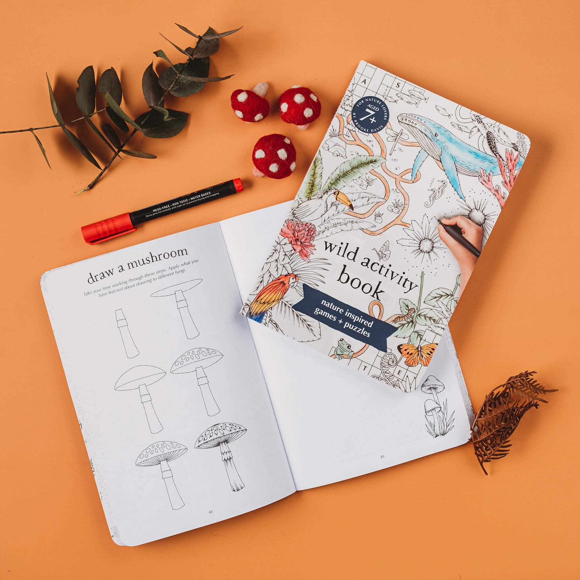 Pages showing step by step instructions for how to draw a mushroom from Wild Activity Book for kids 7+ with nature inspired games and puzzles.